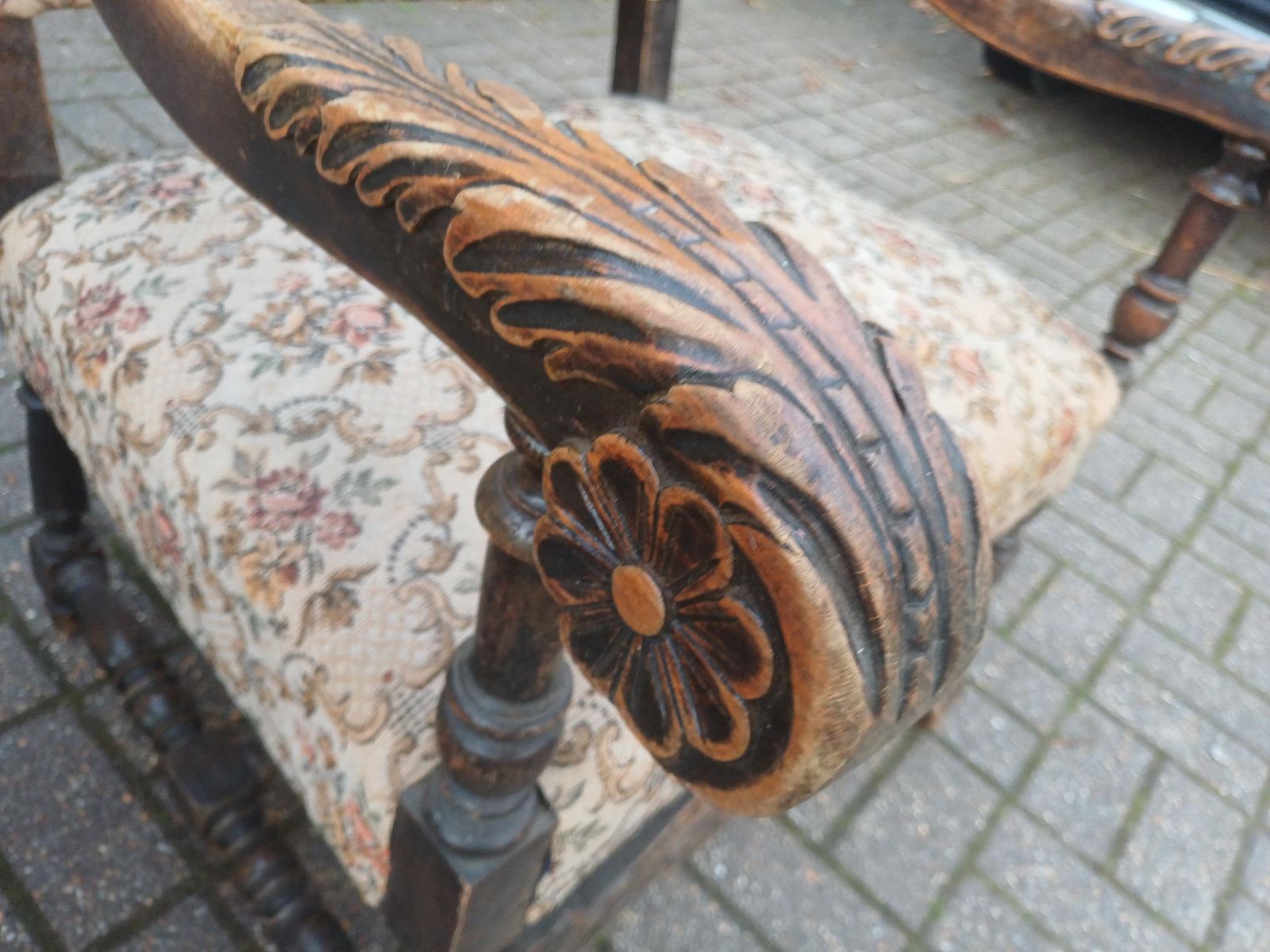 photo vinterior Massive Pair 1920s Antique Carver Chairs Vintage Carved Detail Floral Upholstery Original Fabric
