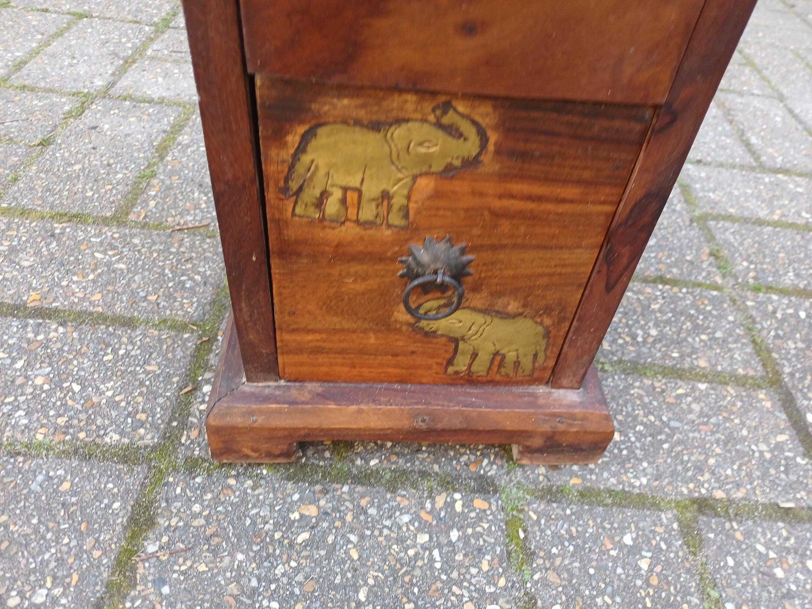Vintage Teak Thin Chest Of Drawers Elephant Motif Brass Handles Slim Storage Cabinet Solid Wood 1980s Oriental Style photo buy