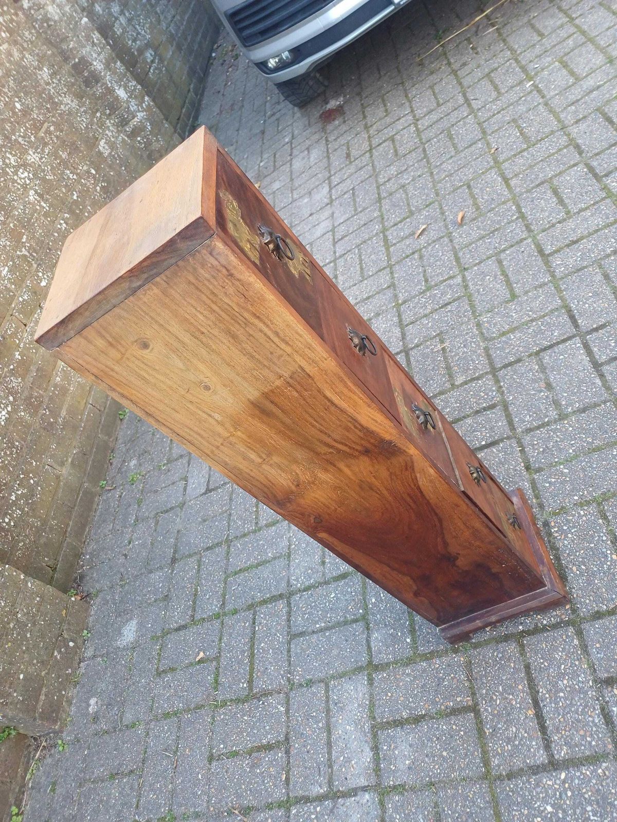 photo buy Vintage Teak Thin Chest Of Drawers Elephant Motif Brass Handles Slim Storage Cabinet Solid Wood 1980s Oriental Style
