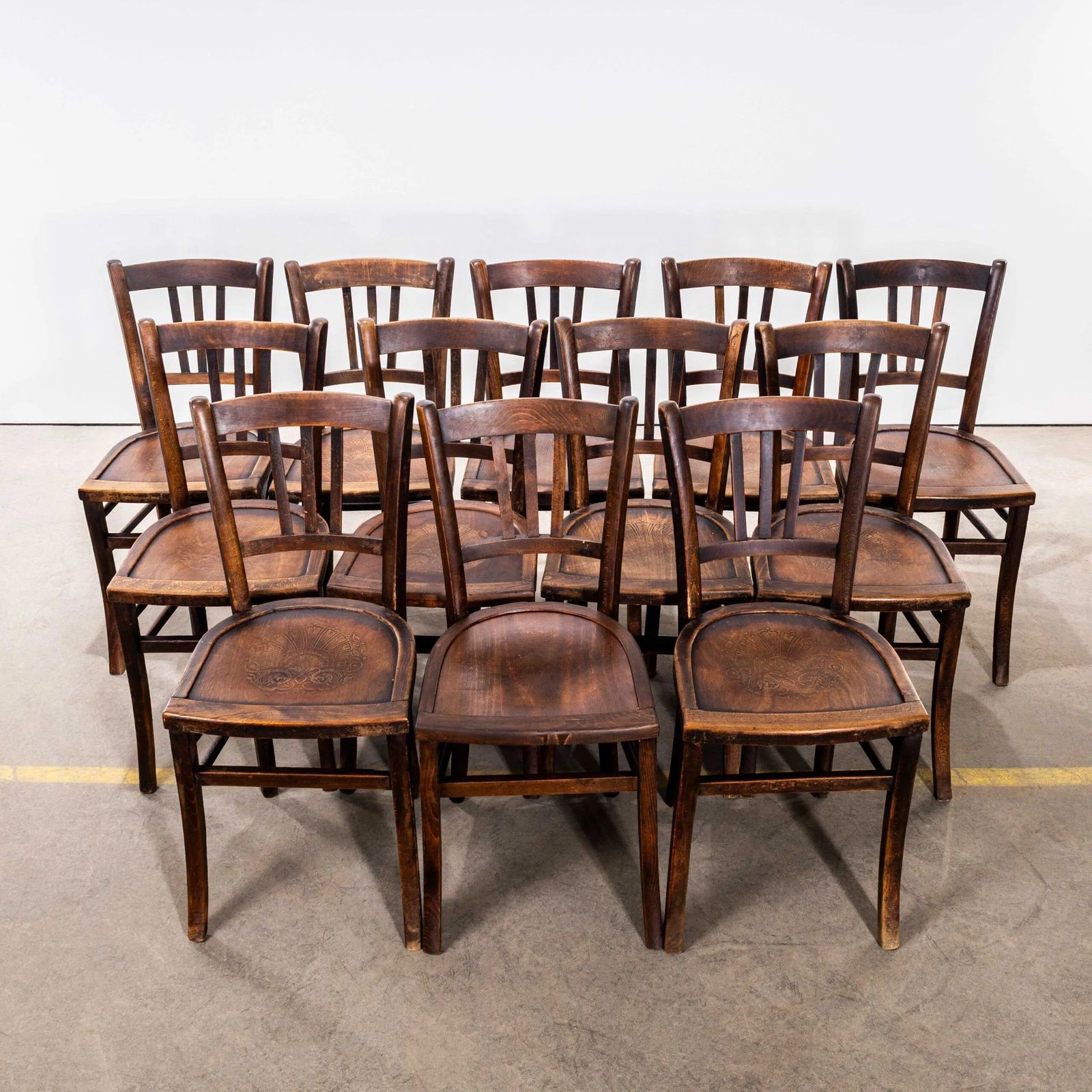 1940’s French Farmhouse Dark Walnut Dining Chairs – Set Of Twelve photo for sale