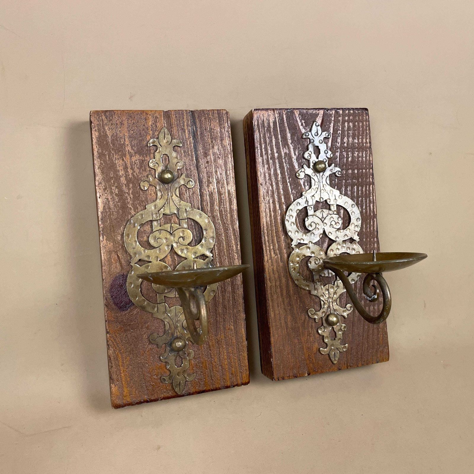 Pair Of 2 Gold Wall Brass Metal Candlestick Candle Stick Holders Ornate Vintage Dinner Candlesticks Patterned Holder Pattern Wood Wooden photo furniture