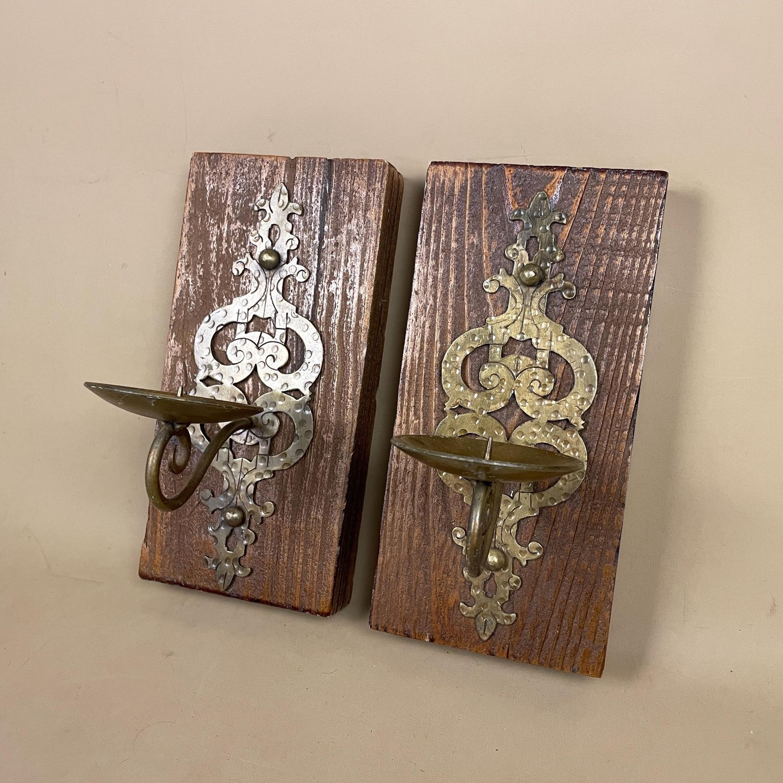 Pair Of 2 Gold Wall Brass Metal Candlestick Candle Stick Holders Ornate Vintage Dinner Candlesticks Patterned Holder Pattern Wood Wooden photo for sale