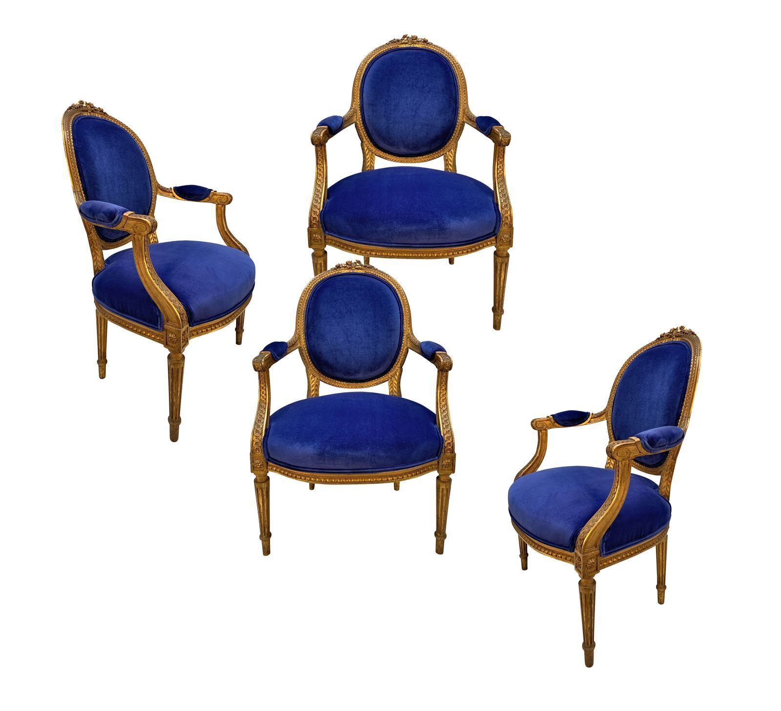 A Set Of Four Louis XVI Style Giltwood Armchairs In Blue Velvet