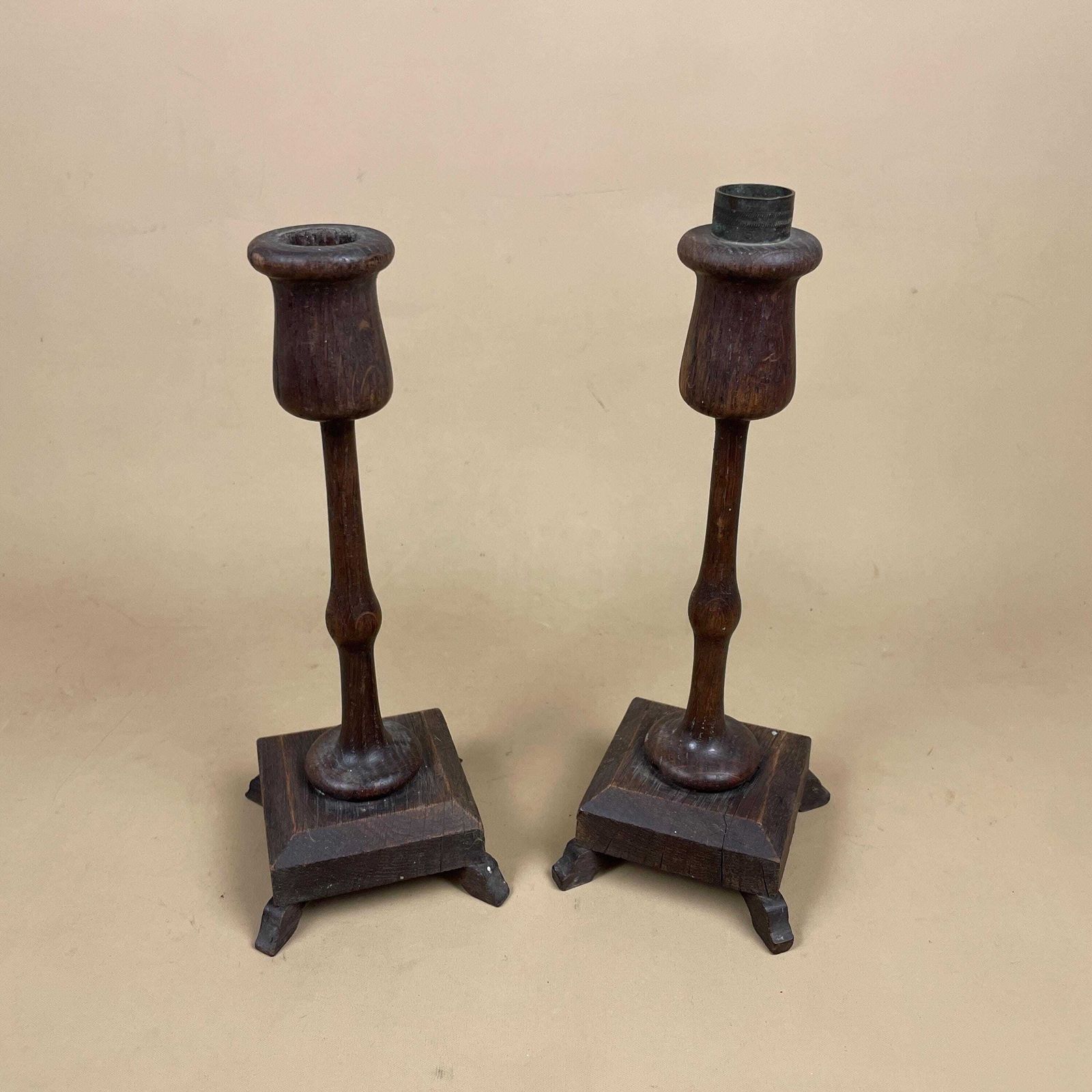 Matching Pair Of Wooden Candlestick Candle Stick Holder Vintage Dinner Candlesticks Wood Hand Crafted Carved Pillar Brown Old Antique photo for sale