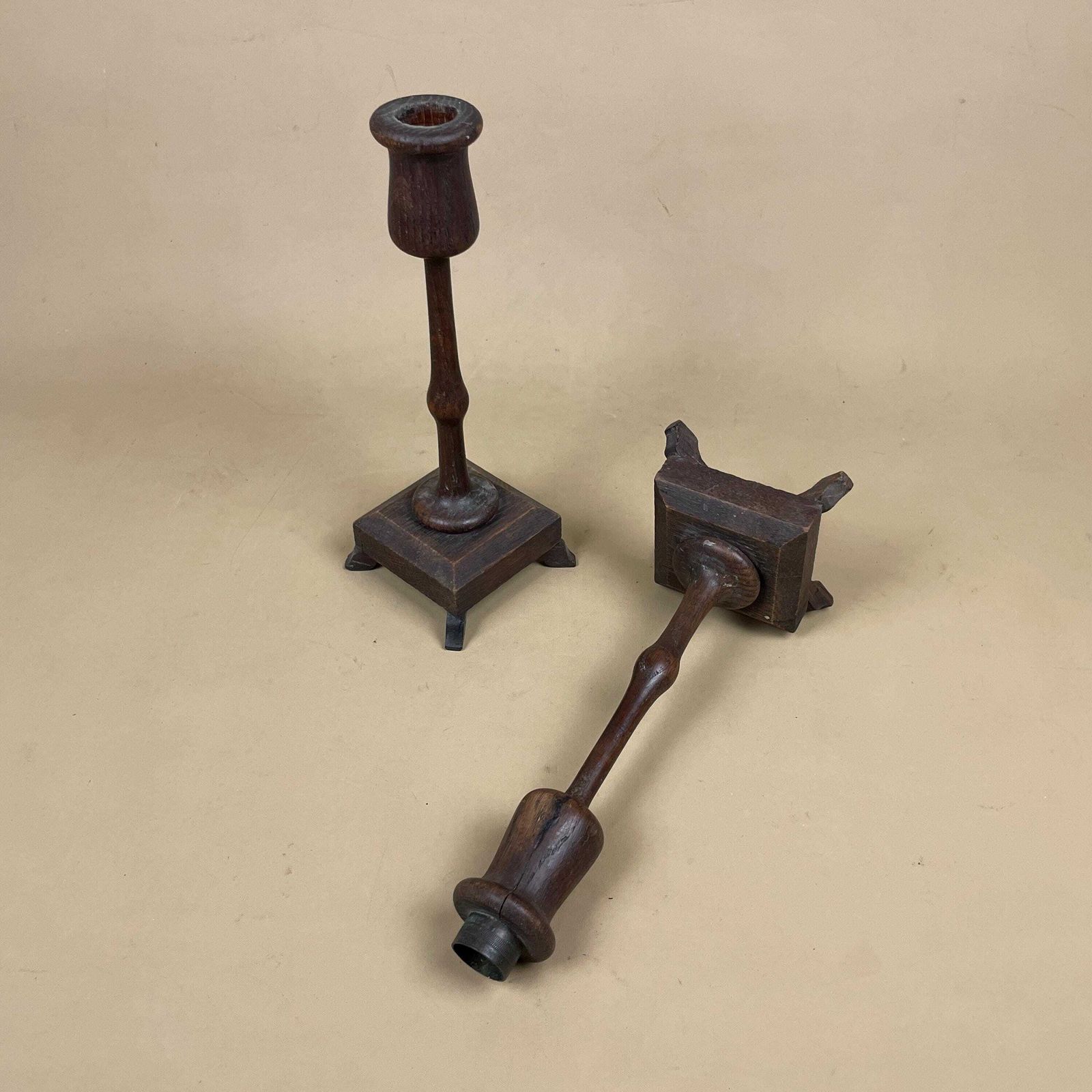 Home Decor Matching Pair Of Wooden Candlestick Candle Stick Holder Vintage Dinner Candlesticks Wood Hand Crafted Carved Pillar Brown Old Antique photo