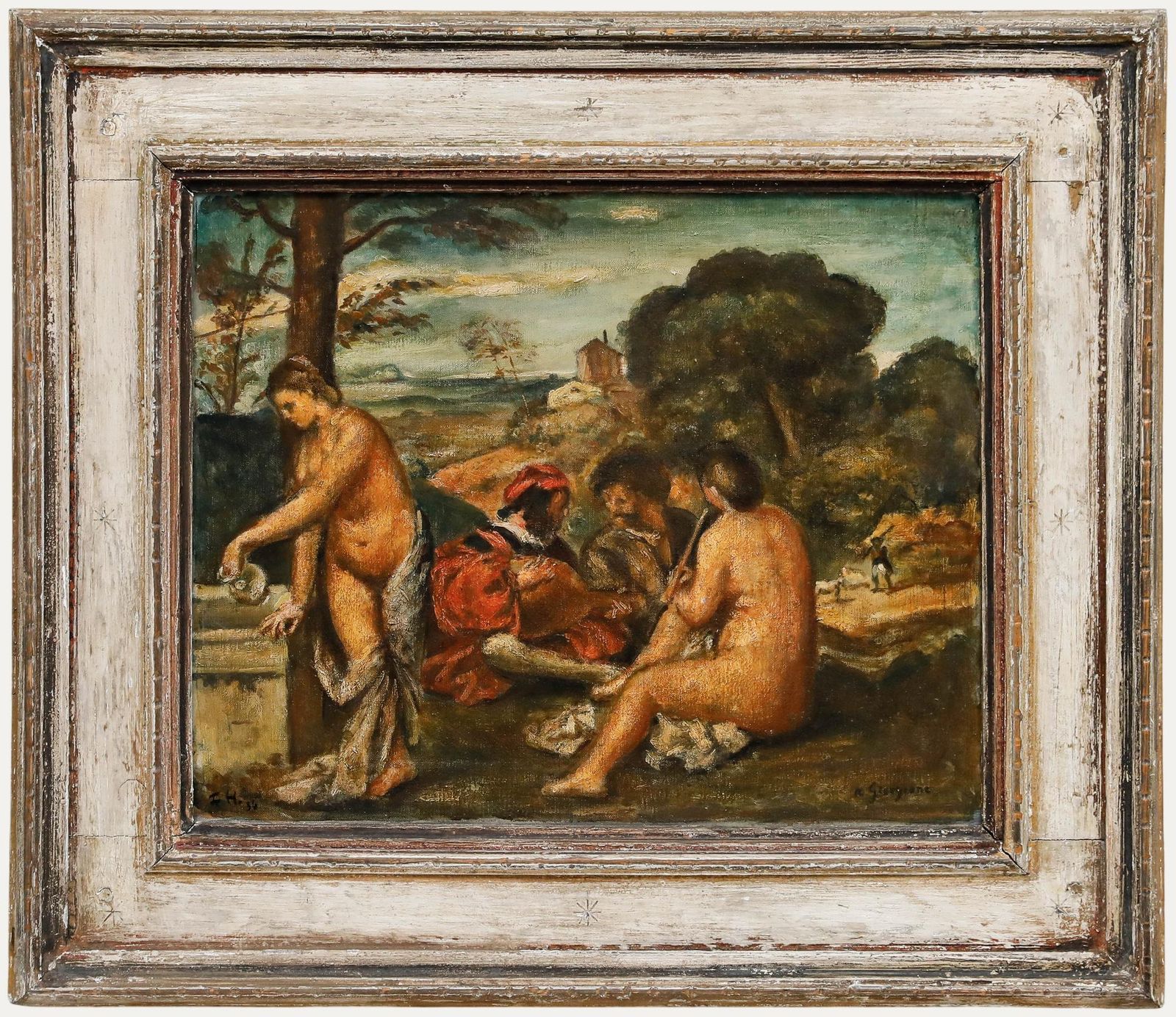 After Titian (1485 1576) Framed 1936 Oil, The Pastoral Concert