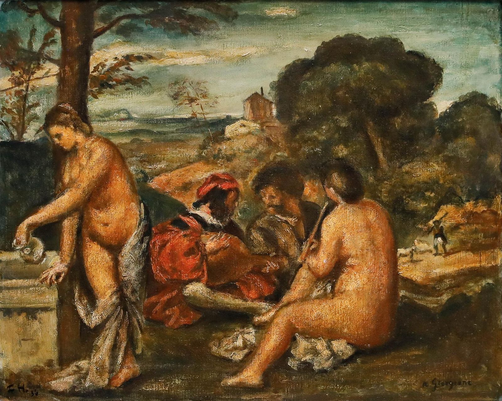 After Titian (1485 1576) Framed 1936 Oil, The Pastoral Concert photo furniture