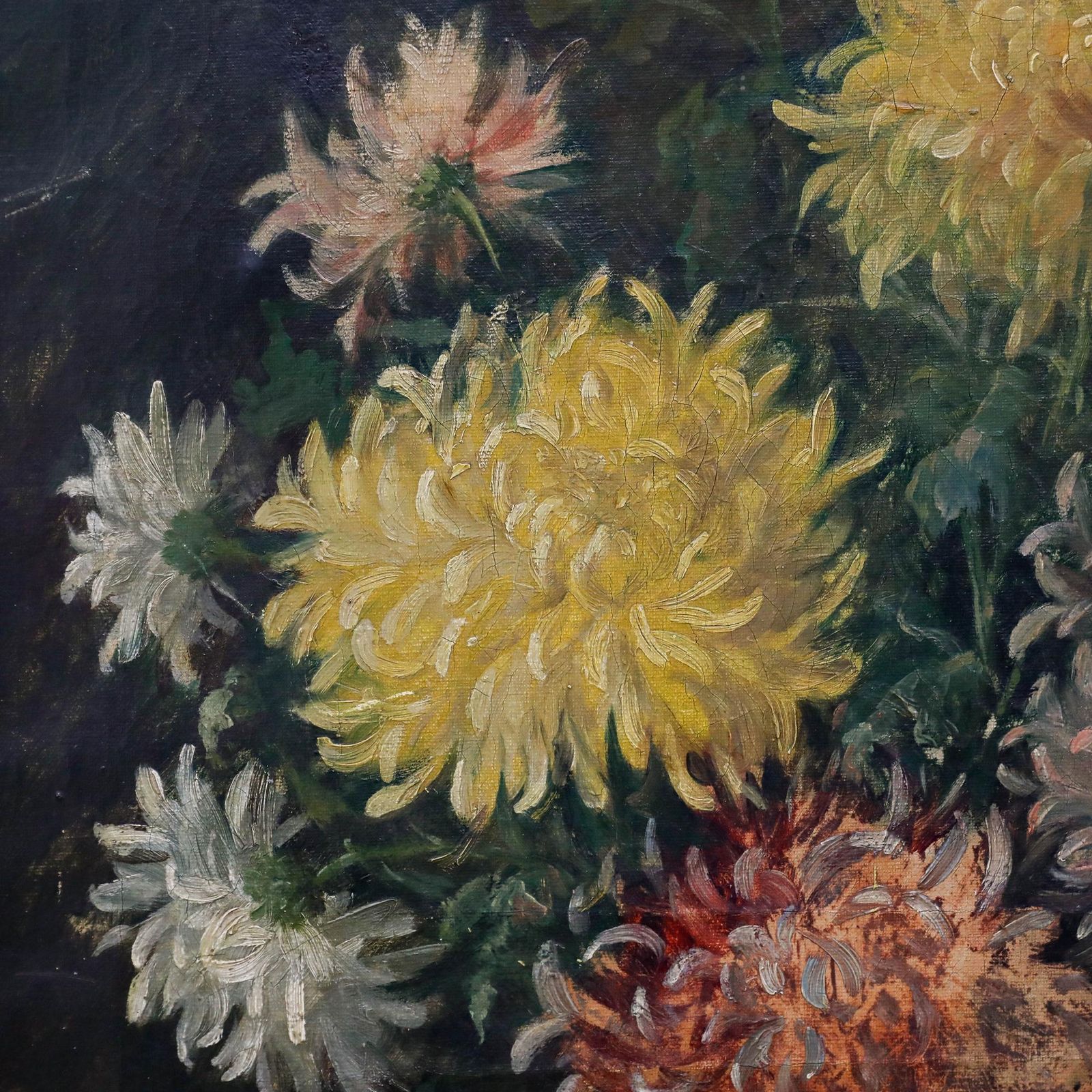 Jules Félix Ragot (1835 1912)  Framed Oil, Chrysanthemums In A Blue & White Vase photo vintage