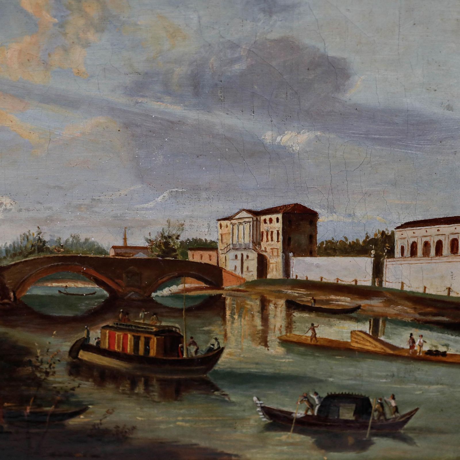 Framed 19th Century Oil Italian Waterway photo 350.0