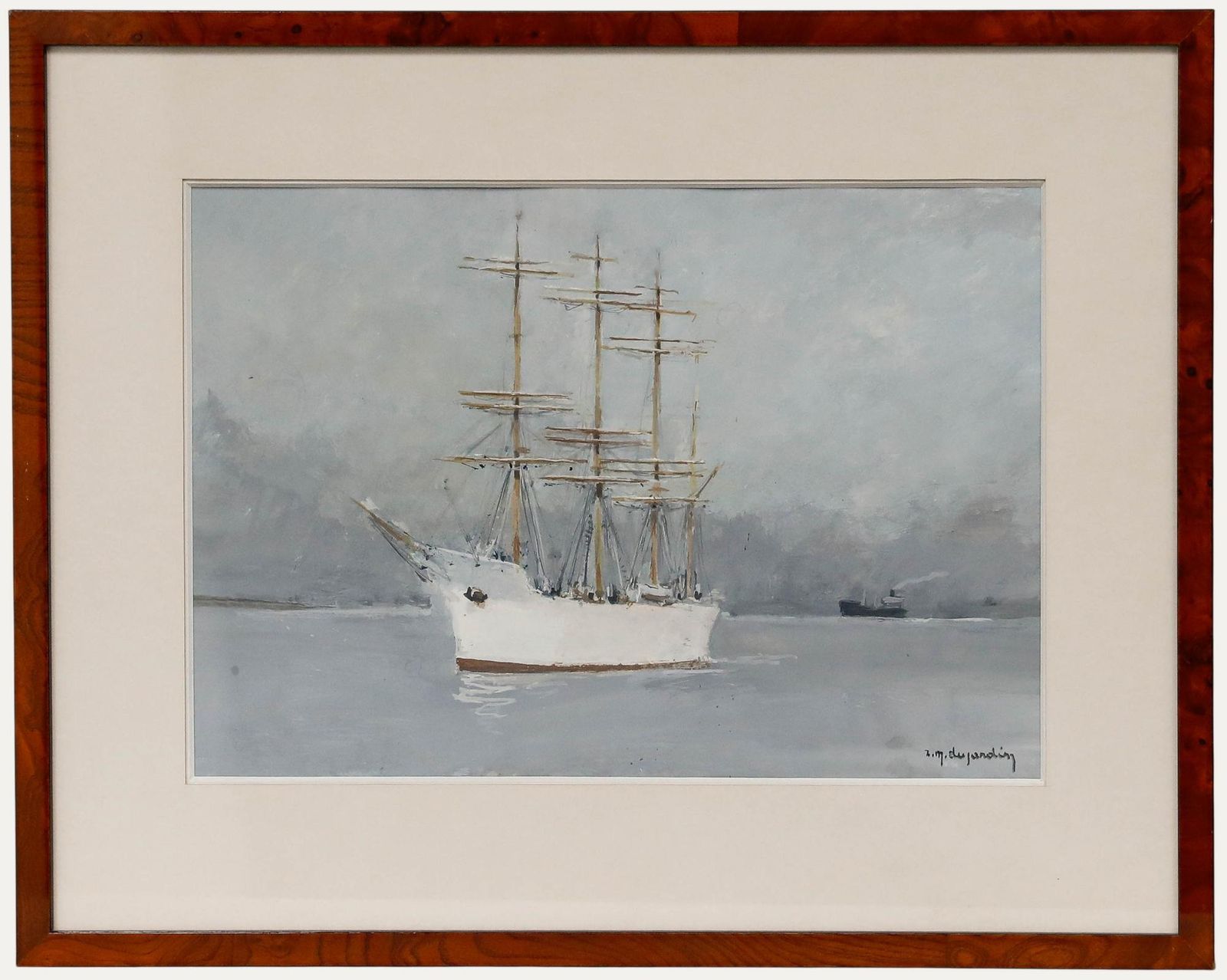 René Marie Dujardin (1913 2002) 20th Century Gouache, White Ship At Anchor