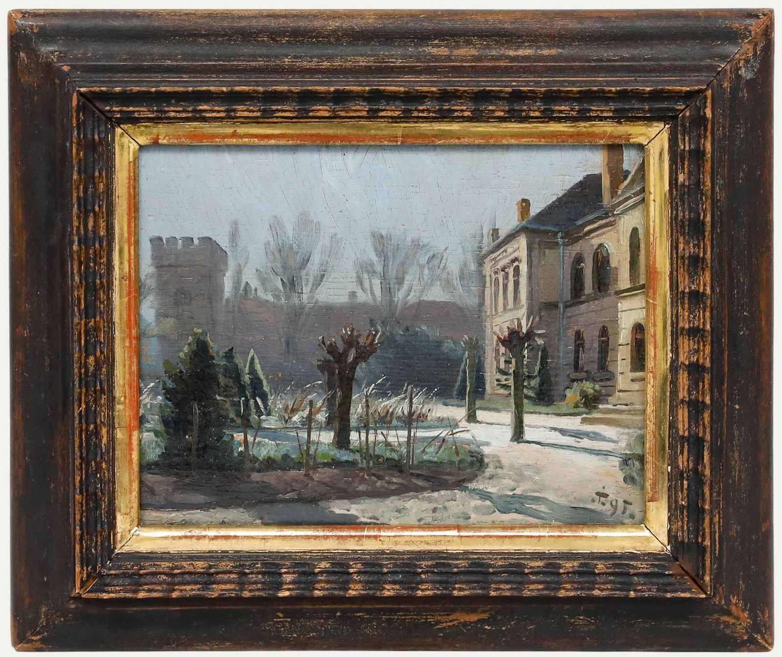 Framed Late 19th Century Oil Court Garden In Winter