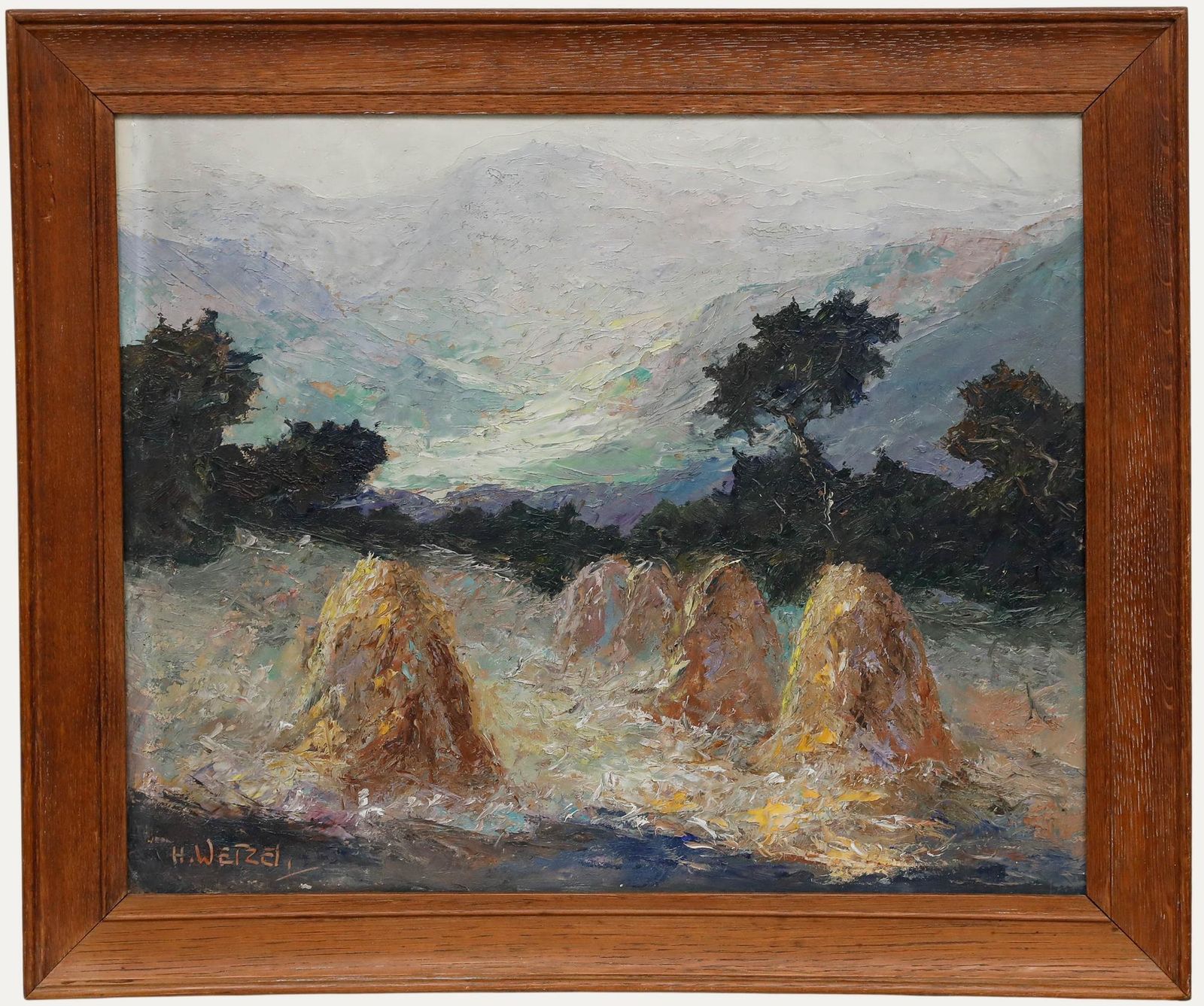 Heinz Wetzel (1858 1913) Framed Early 20th Century Oil, Golden Haystacks