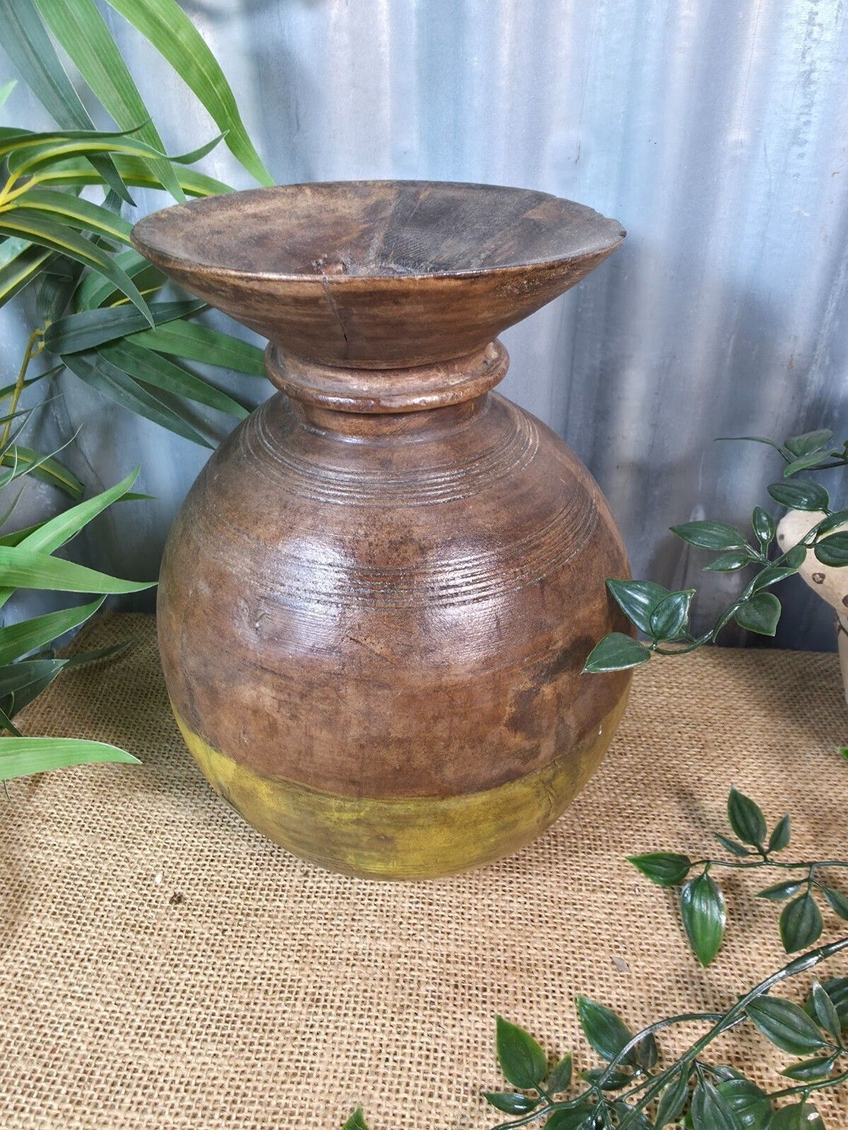 Vintage Antique Wabi Sabi Rustic Nepalese Turned Wooden Milk Water Curd Pot Vase photo for sale