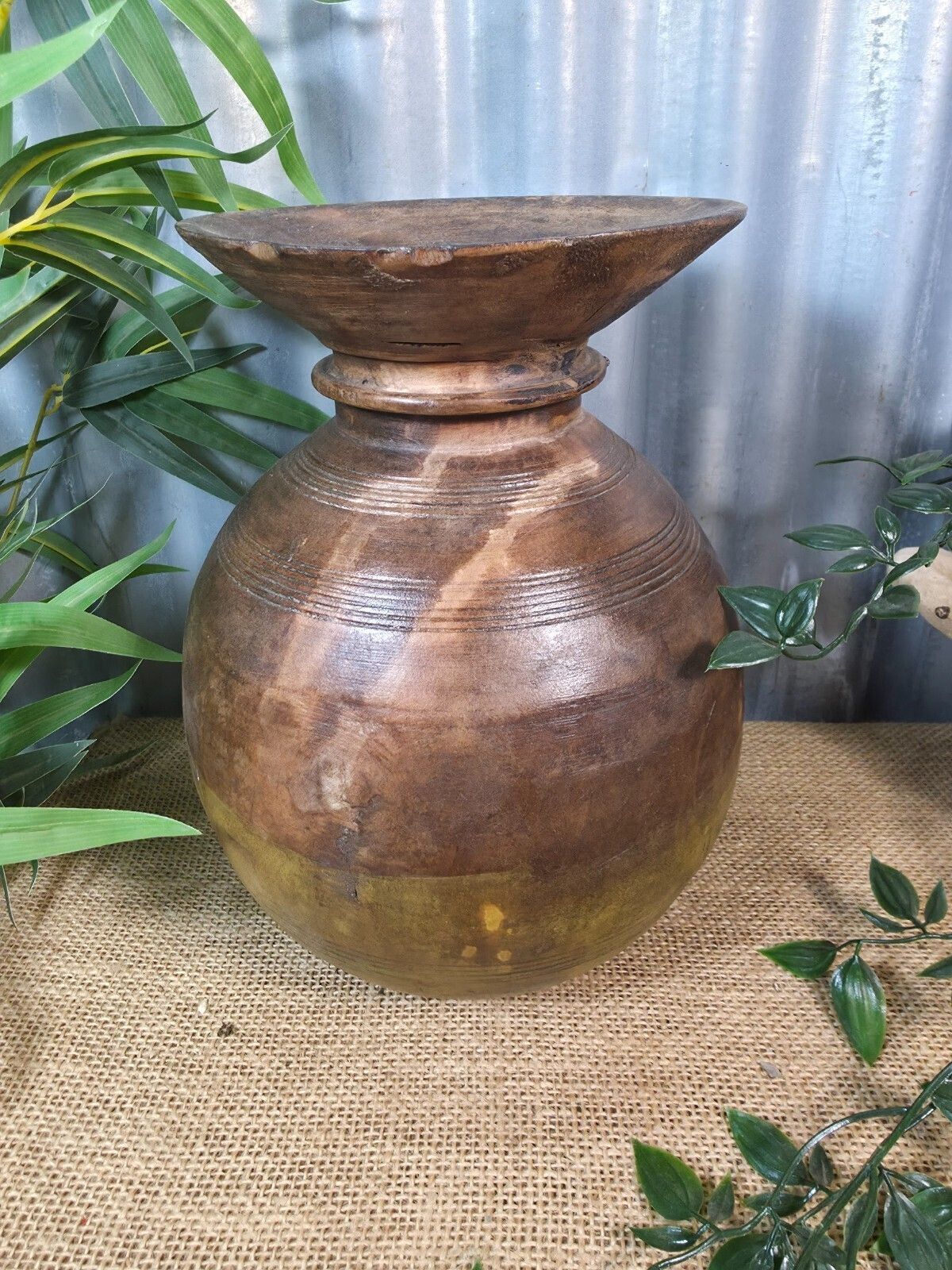 Vintage Antique Wabi Sabi Rustic Nepalese Turned Wooden Milk Water Curd Pot Vase photo 56.0