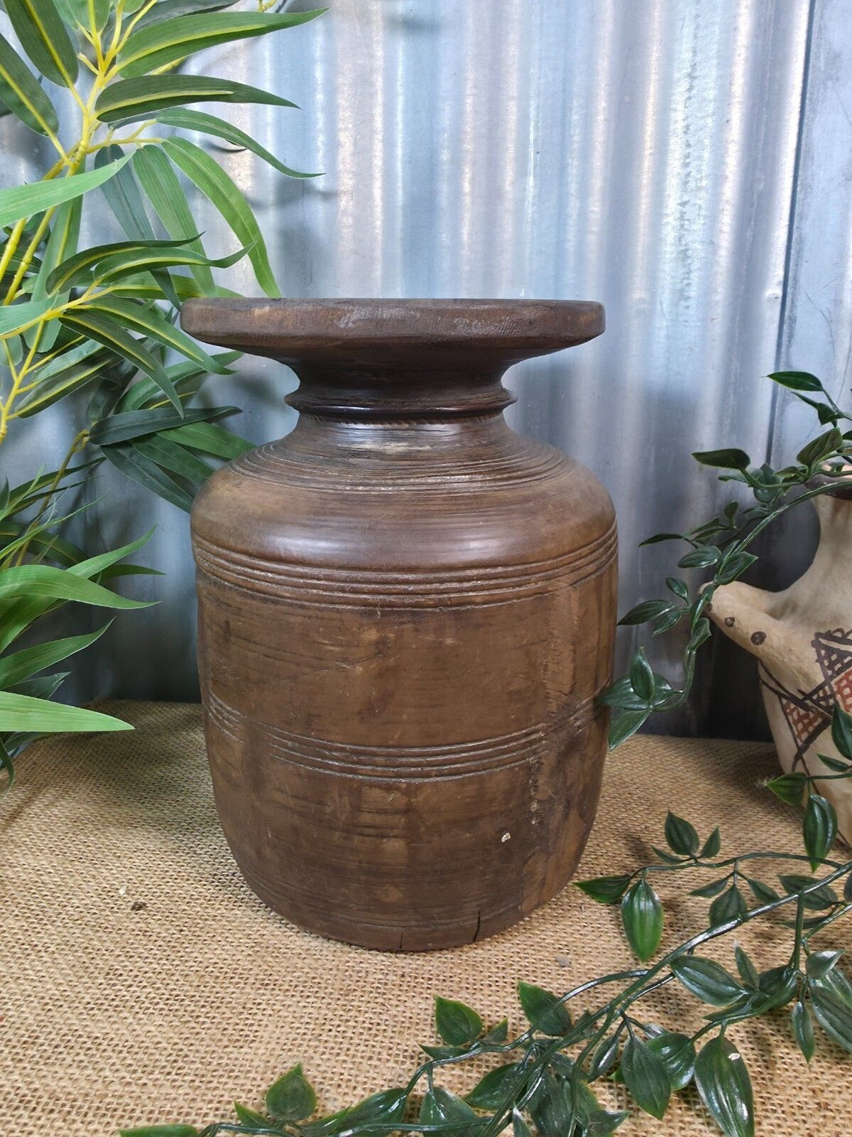 Vintage Antique Wabi Sabi Rustic Nepalese Turned Wooden Milk Water Curd Pot Vase photo furniture