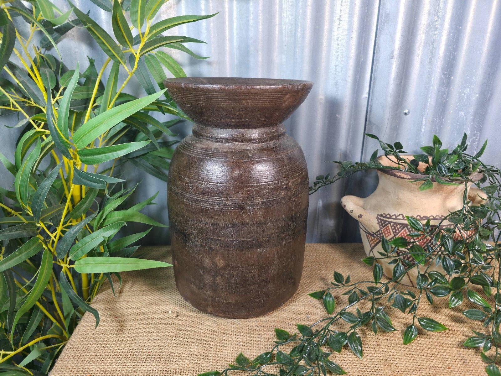 Vintage Antique Wabi Sabi Rustic Nepalese Turned Wooden Milk Water Curd Pot Vase