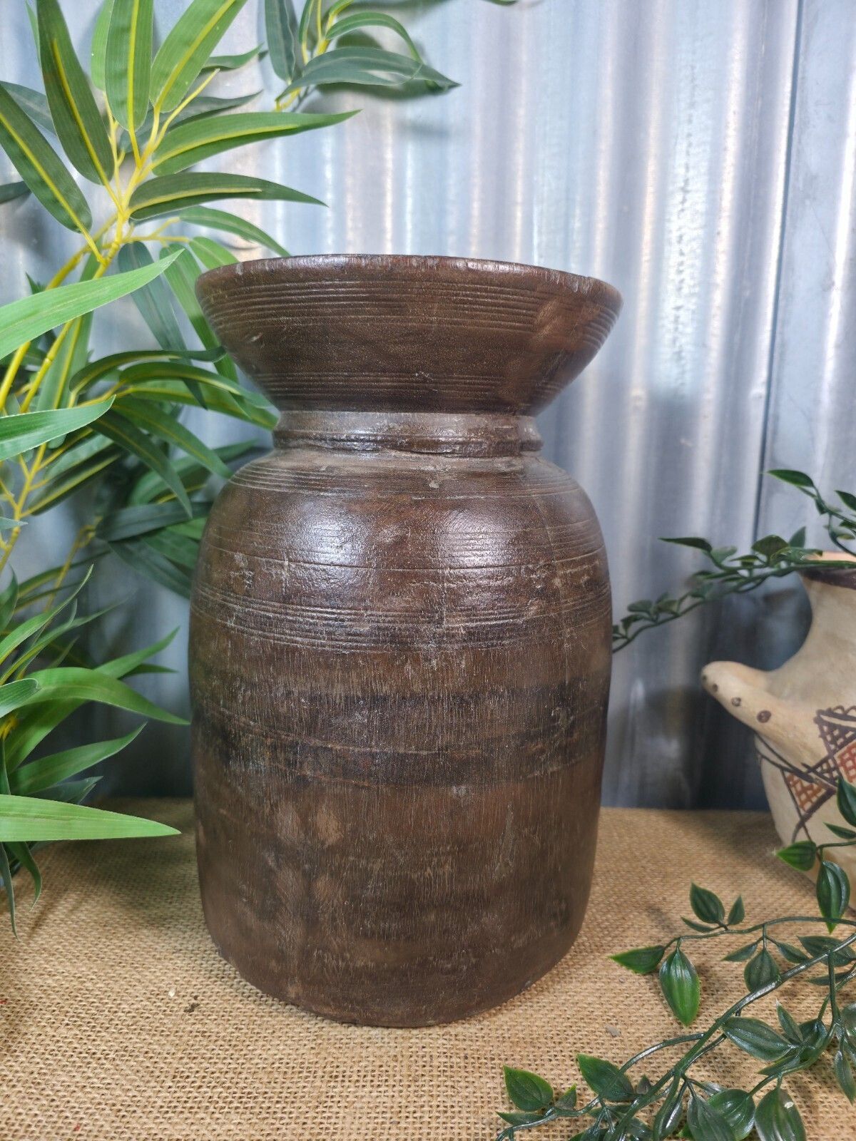 Vintage Antique Wabi Sabi Rustic Nepalese Turned Wooden Milk Water Curd Pot Vase photo furniture