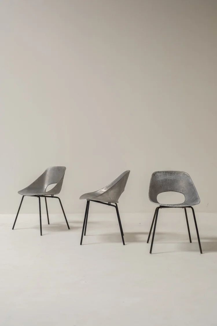photo buy Set Of 3 Aluminum Tonneau Chairs By Pierre Guariche For Steiner, 1950s