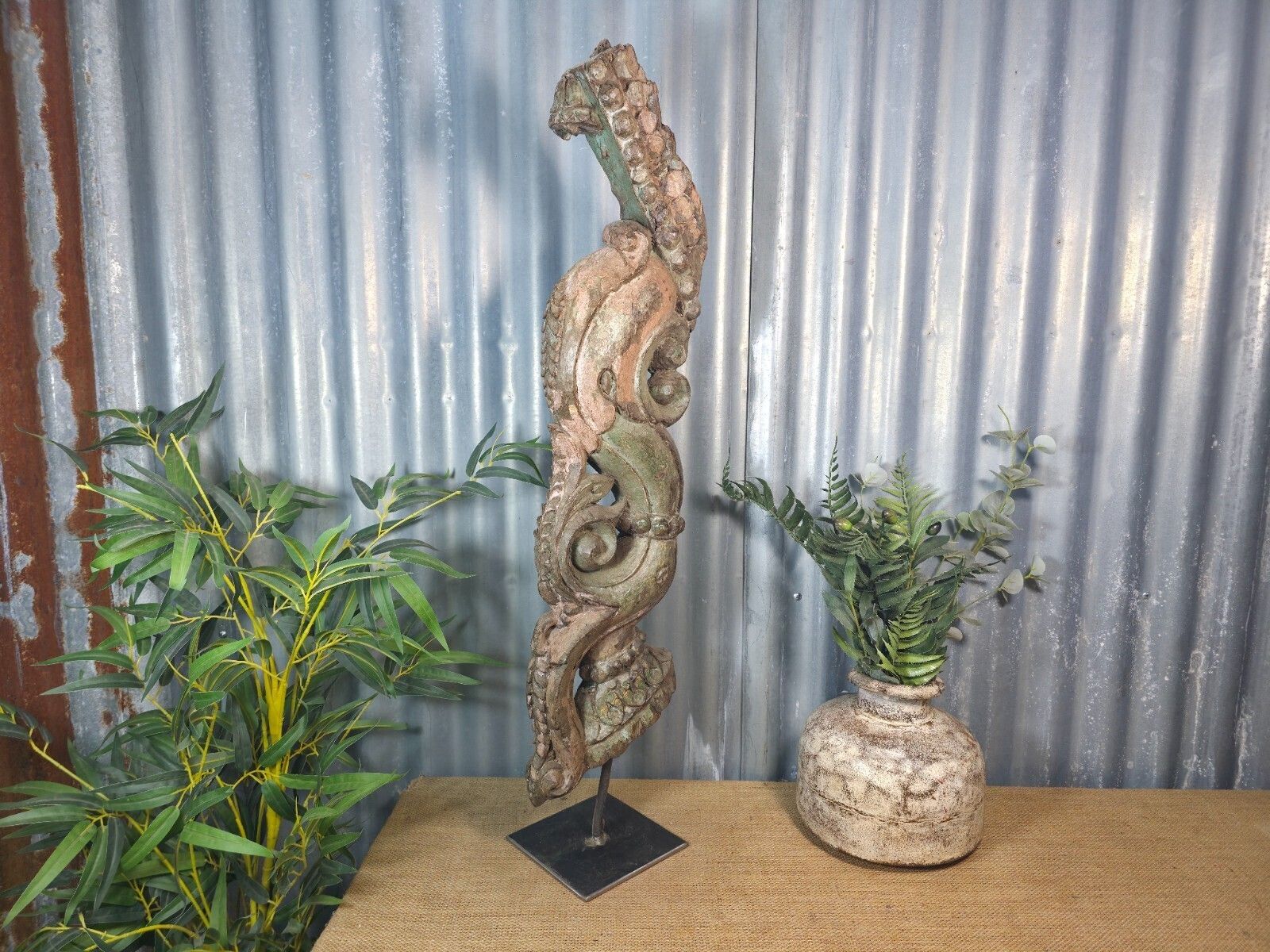 Antique 19th Century Indian Hand Carved Wooden Architectural Corbel On Stand