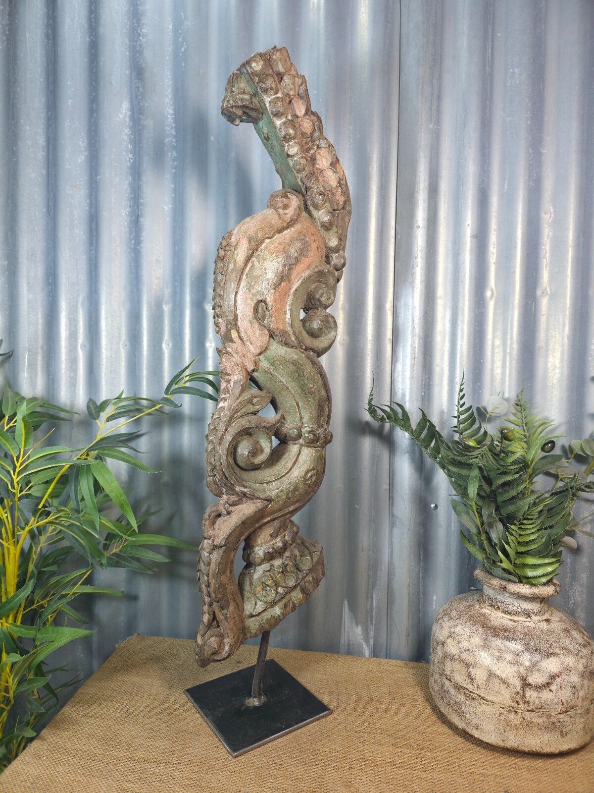 Antique 19th Century Indian Hand Carved Wooden Architectural Corbel On Stand photo furniture