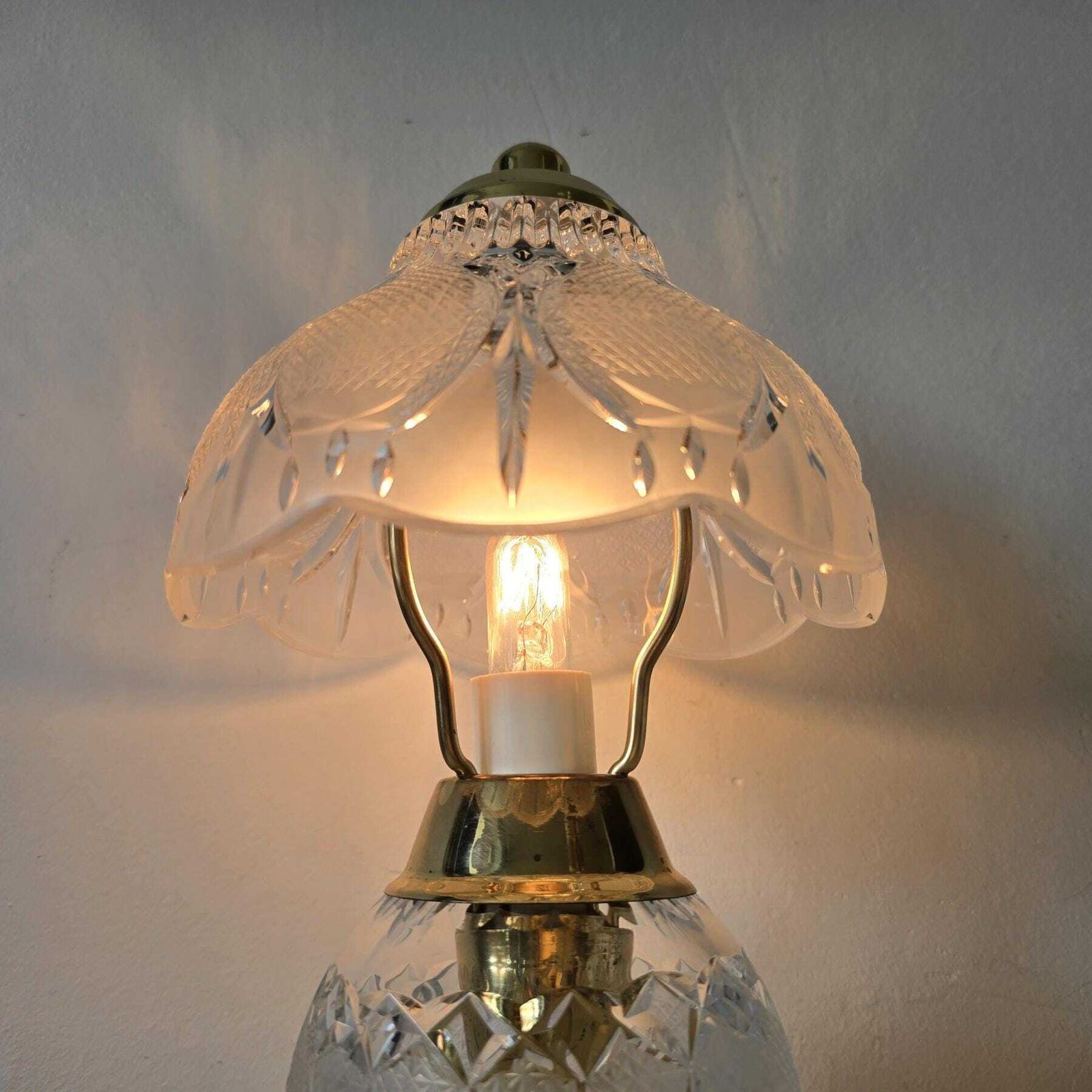photo for sale Delightful Vintage Cut Crystal Table Lamp With Brass Base, Hollywood Regency Style, Mid Century Bedside Lamp