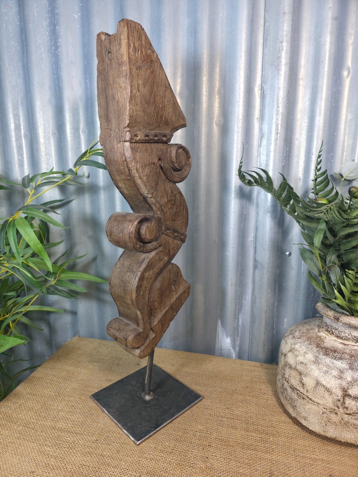 Antique 19th Century Indian Hand Carved Wooden Architectural Corbel On Stand photo Garden Decor