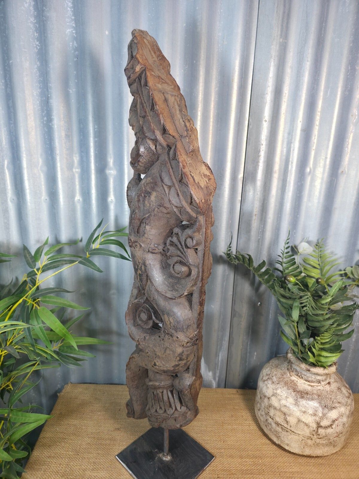 photo for sale Antique 19th Century Indian Hand Carved Wooden Architectural Corbel On Stand