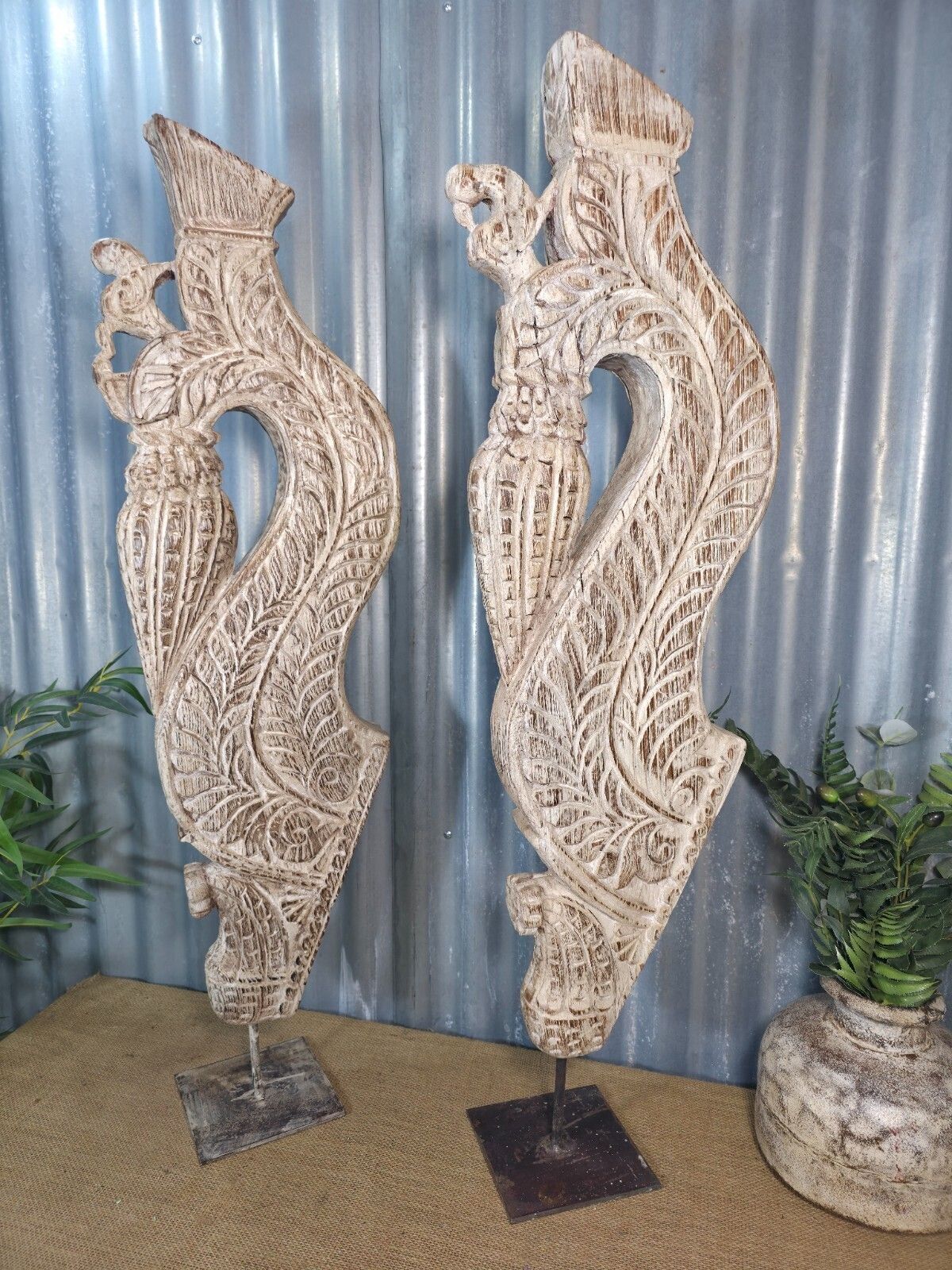 Pair Of Antique 19th Century Indian Hand Carved Wooden Architectural Corbels photo furniture