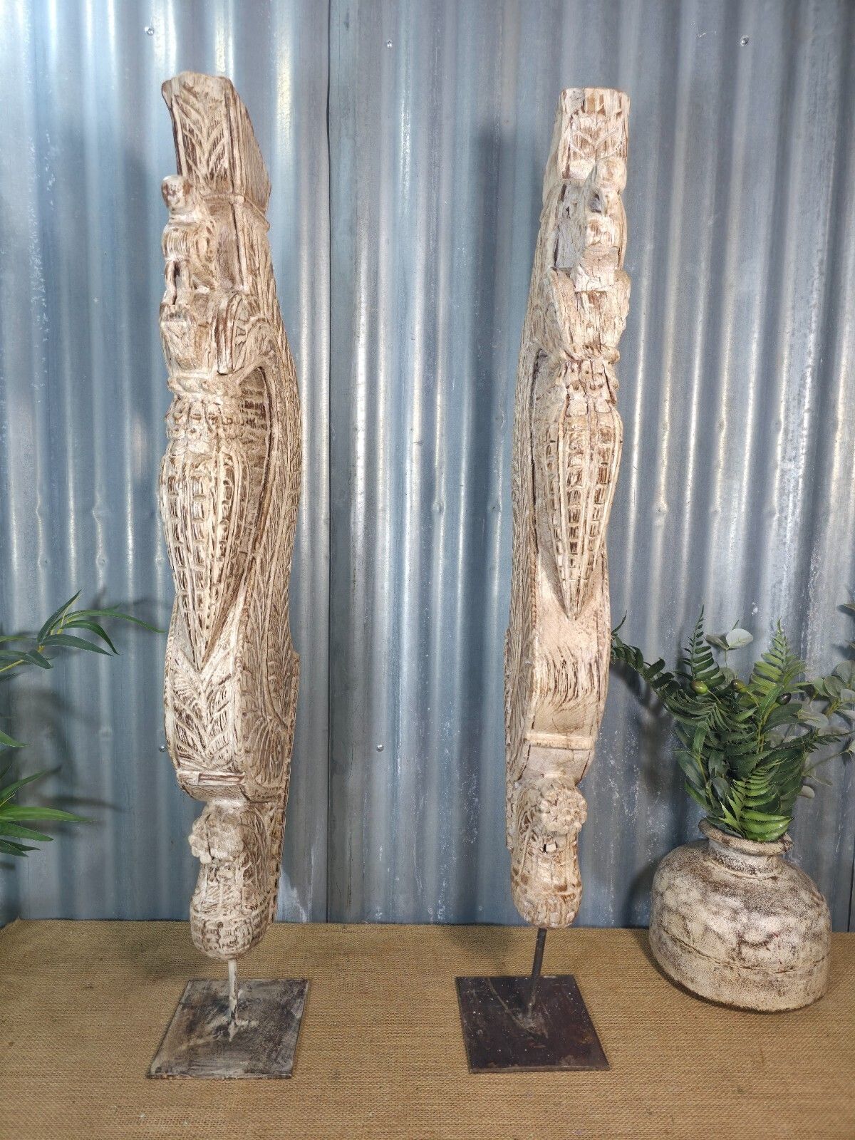 Pair Of Antique 19th Century Indian Hand Carved Wooden Architectural Corbels photo vinterior