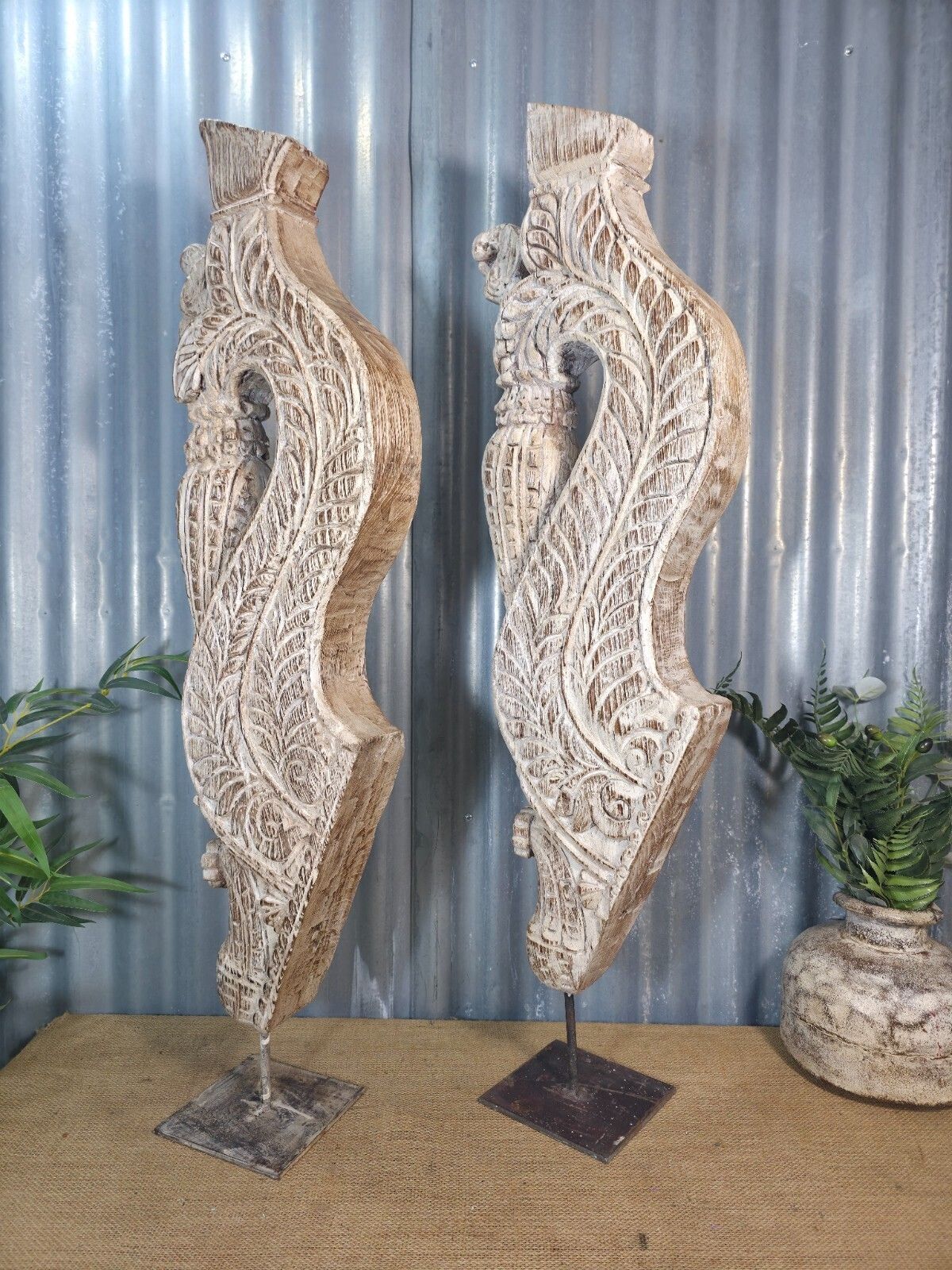 photo for sale Pair Of Antique 19th Century Indian Hand Carved Wooden Architectural Corbels