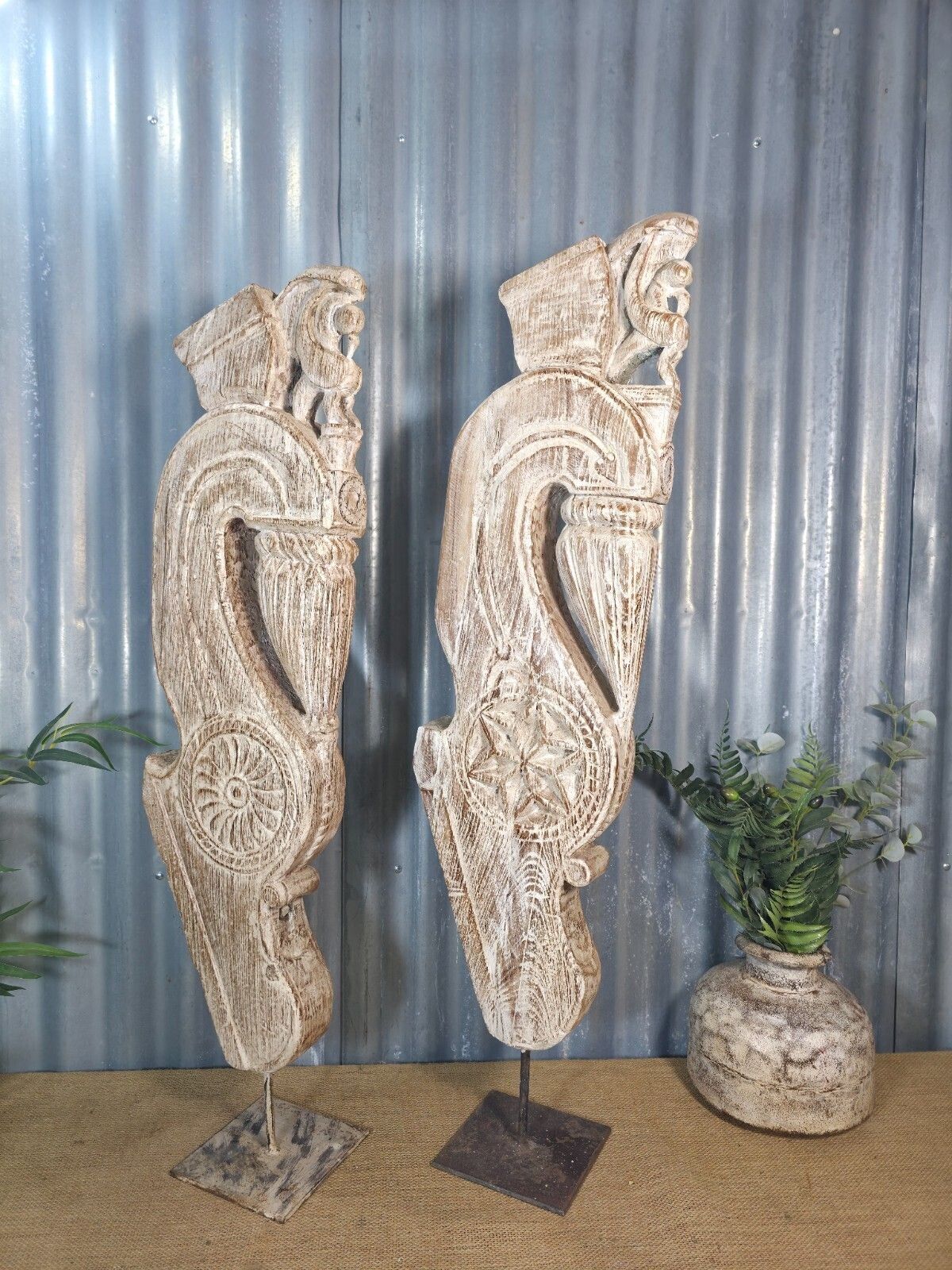 Pair Of Antique 19th Century Indian Hand Carved Wooden Architectural Corbels photo vinterior