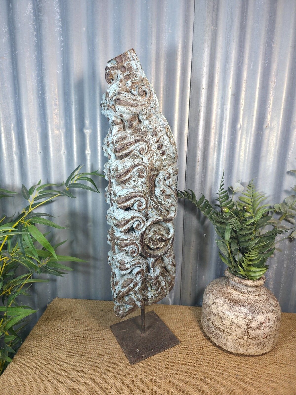 Antique 19th Century Indian Hand Carved Wooden Architectural Corbel On Stand photo Garden Decor
