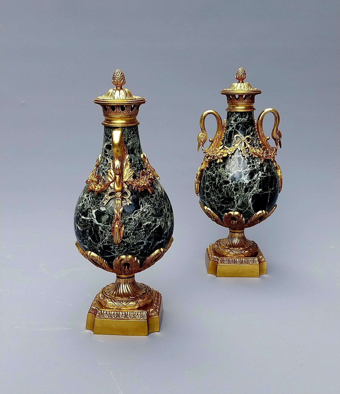Large Pair Of Green French Antique Marble Cassolettes Urns French,  19th Century In The Louis XVI Style photo for sale