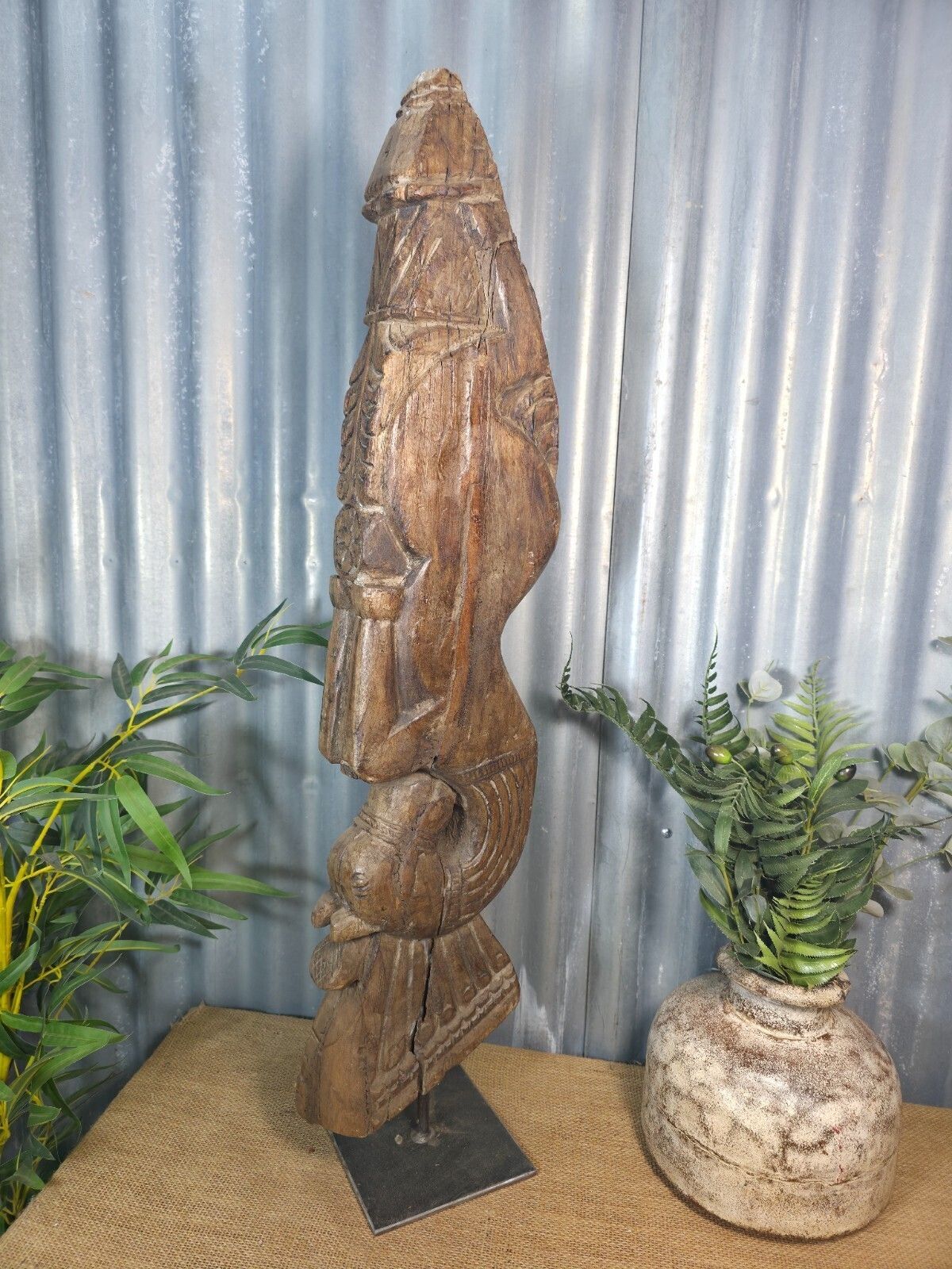 Antique 19th Century Indian Hand Carved Wooden Architectural Corbel On Stand photo furniture