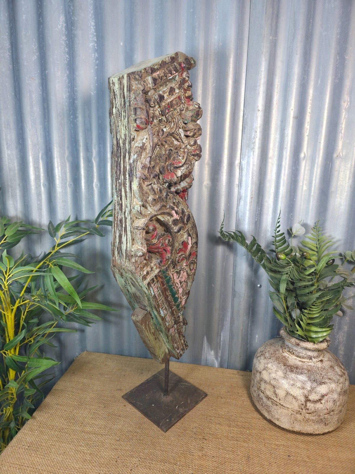 Antique 19th Century Indian Hand Carved Wooden Architectural Corbel On Stand photo vintage