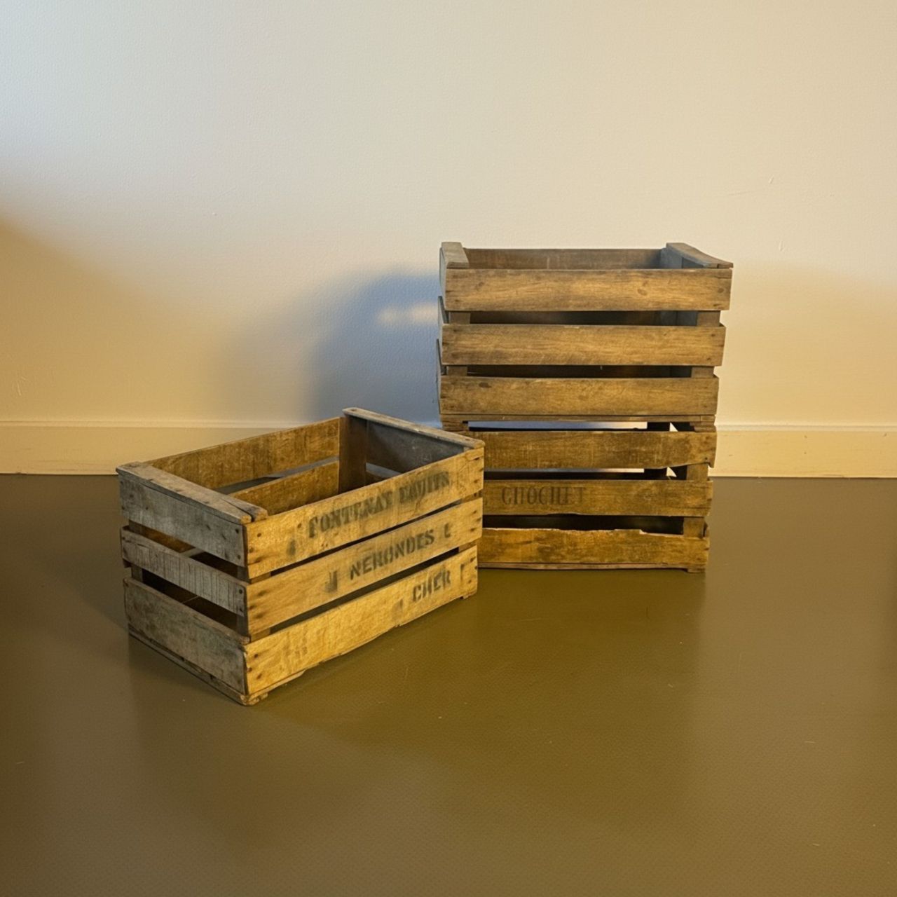 Set Of 3 French Wooden Bushel Boxes photo for sale