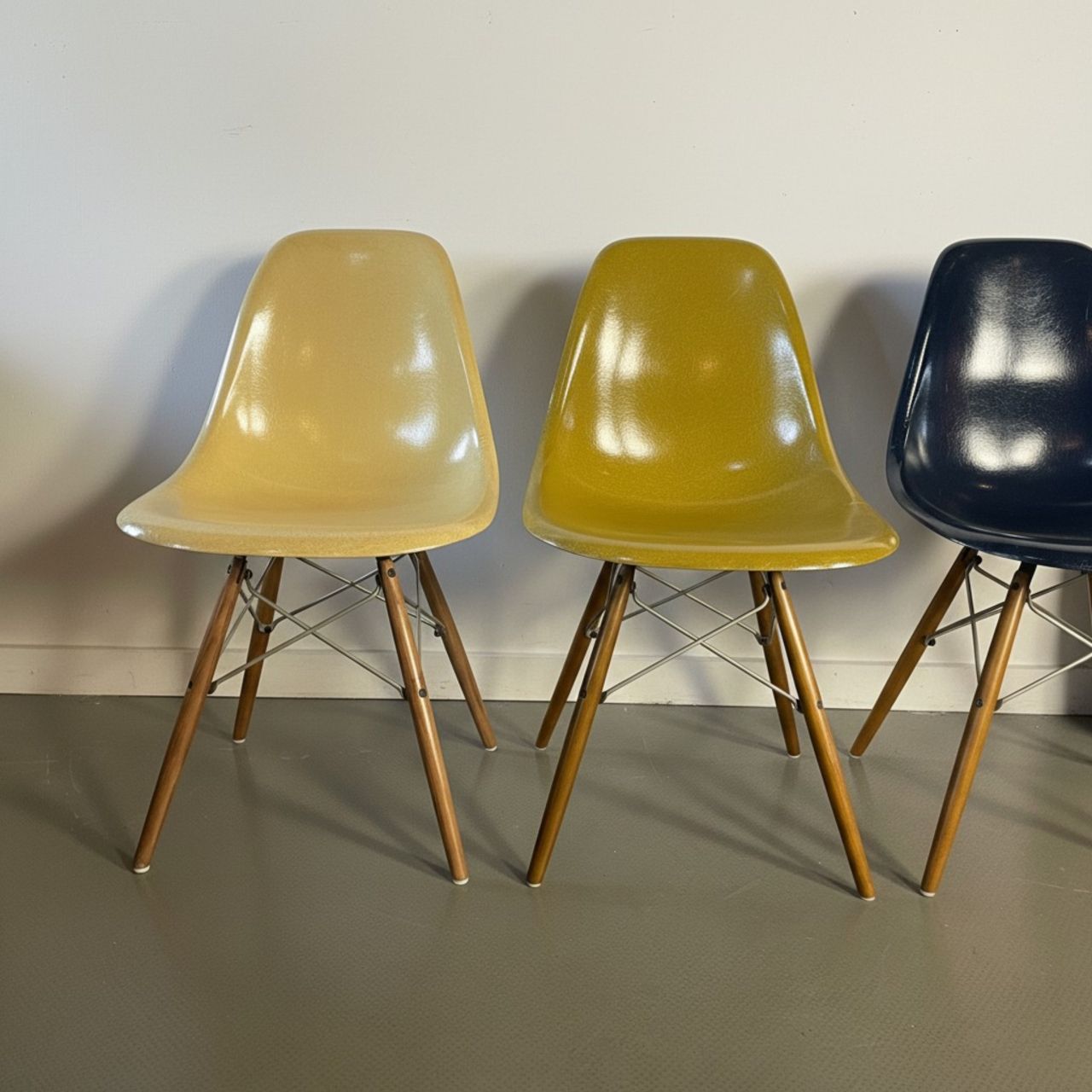 Eames Herman Miller Dsw Side Chairs In Parchment, Navy Blue, Light Olive And Light Ochre With Slight Imperfections photo Furniture