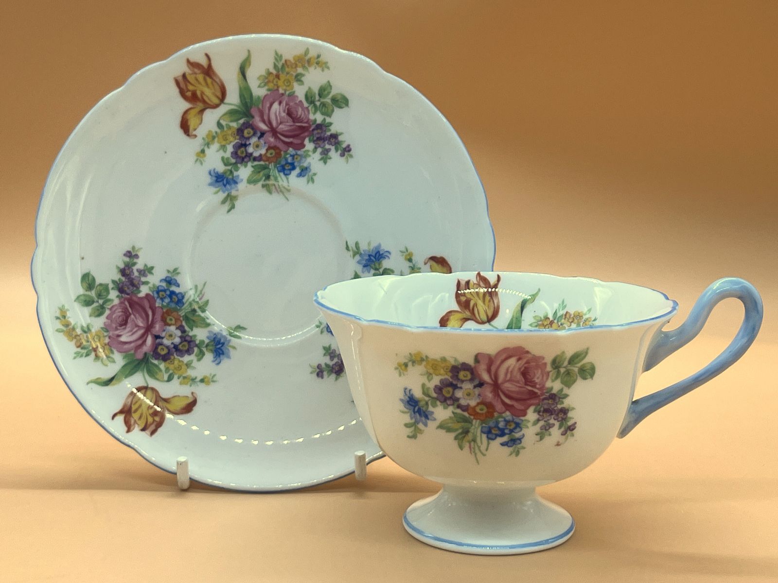 Vintage Shelley China Davies Tulip Blue Trim Gainsborough Shape Tea Cup And Saucer Duo. C1950. 2267. photo furniture