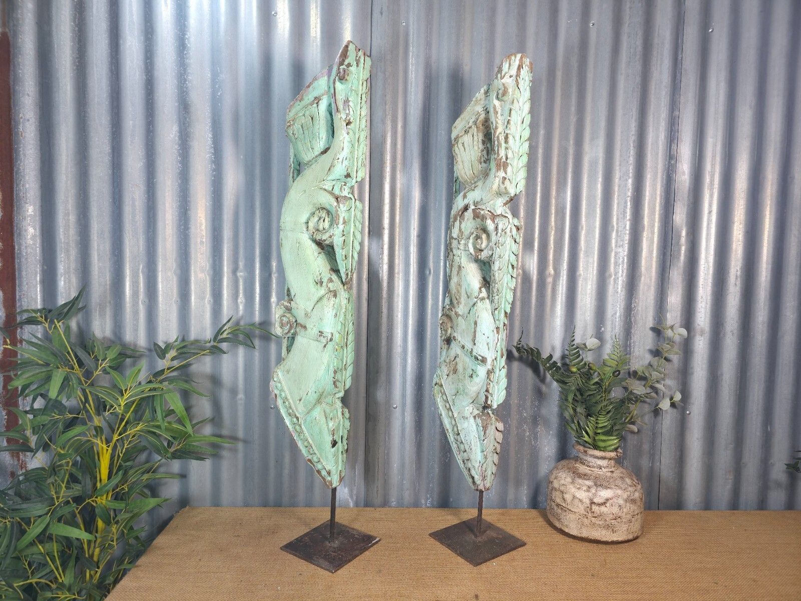 Pair Of Antique 19th Century Indian Hand Carved Wooden Architectural Corbels