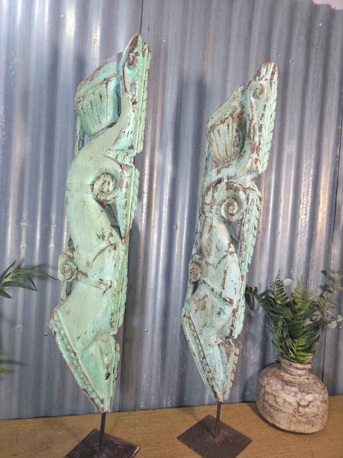 Pair Of Antique 19th Century Indian Hand Carved Wooden Architectural Corbels photo furniture