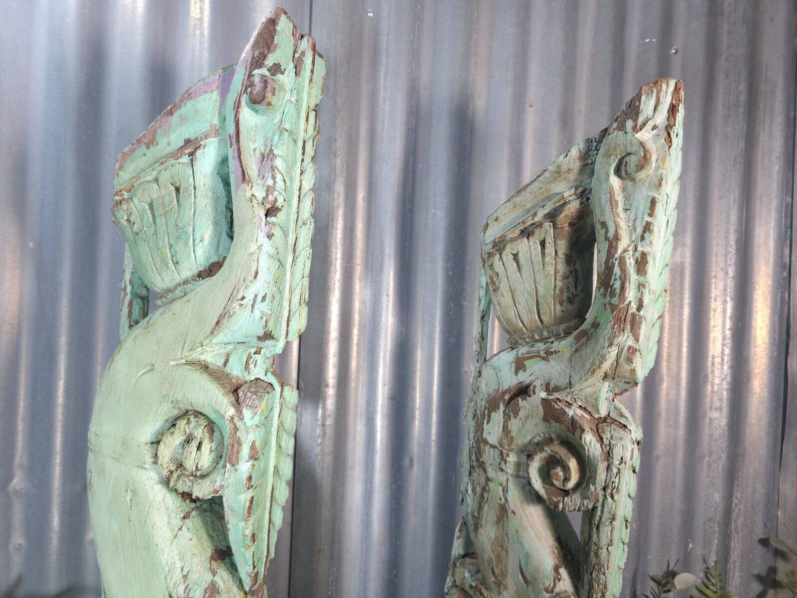 Pair Of Antique 19th Century Indian Hand Carved Wooden Architectural Corbels photo for sale