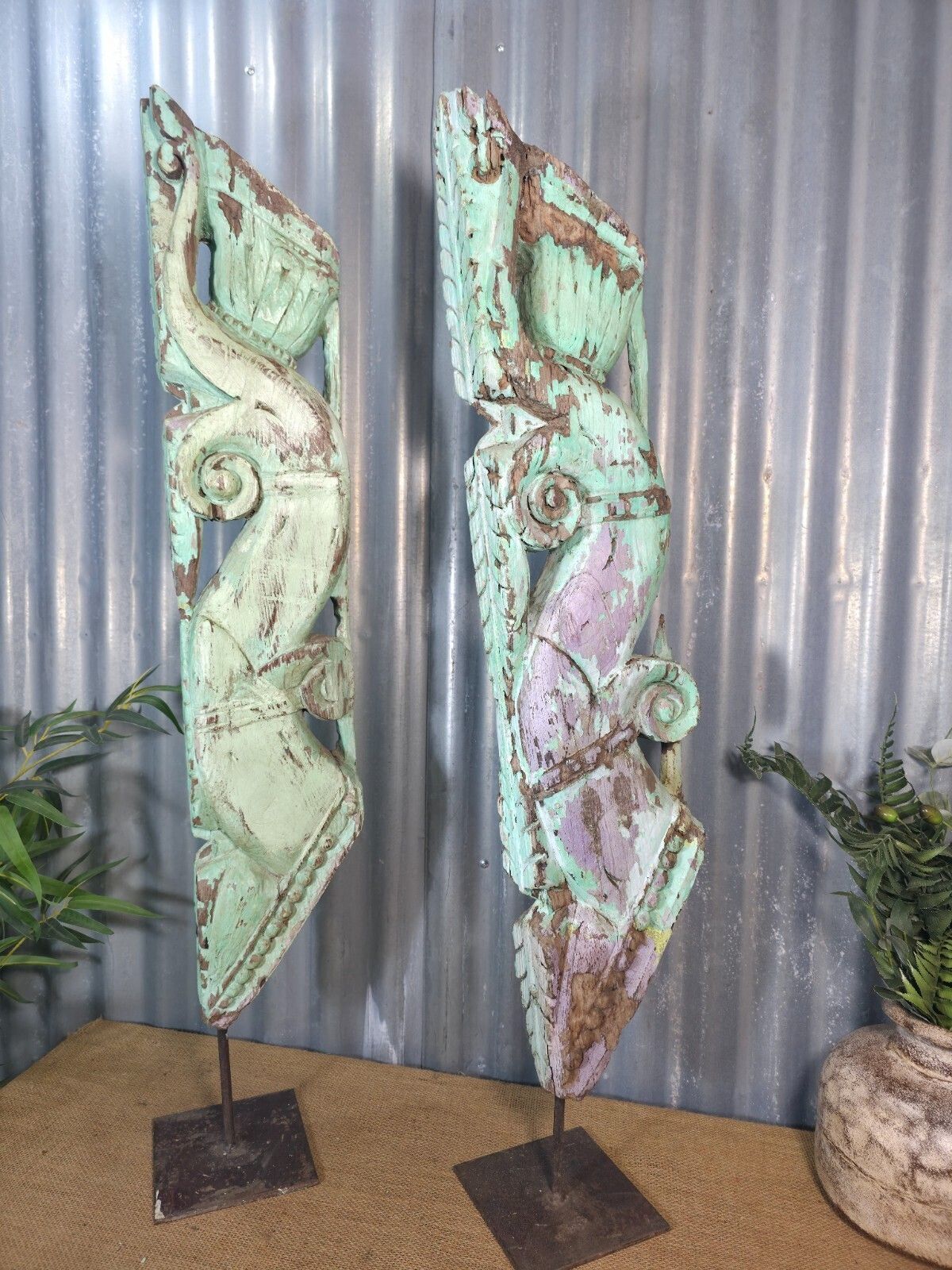 Pair Of Antique 19th Century Indian Hand Carved Wooden Architectural Corbels photo 295.0