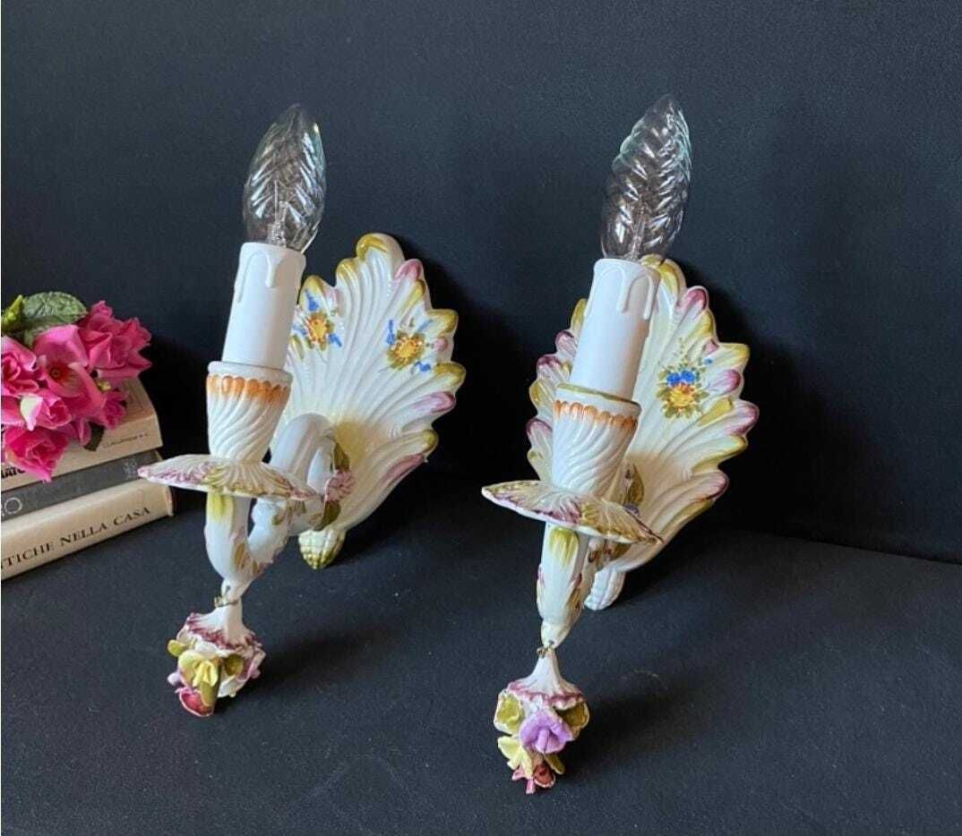 Duty Free USA. Pair Of Antique Ceramic Sconces From Italy photo for sale