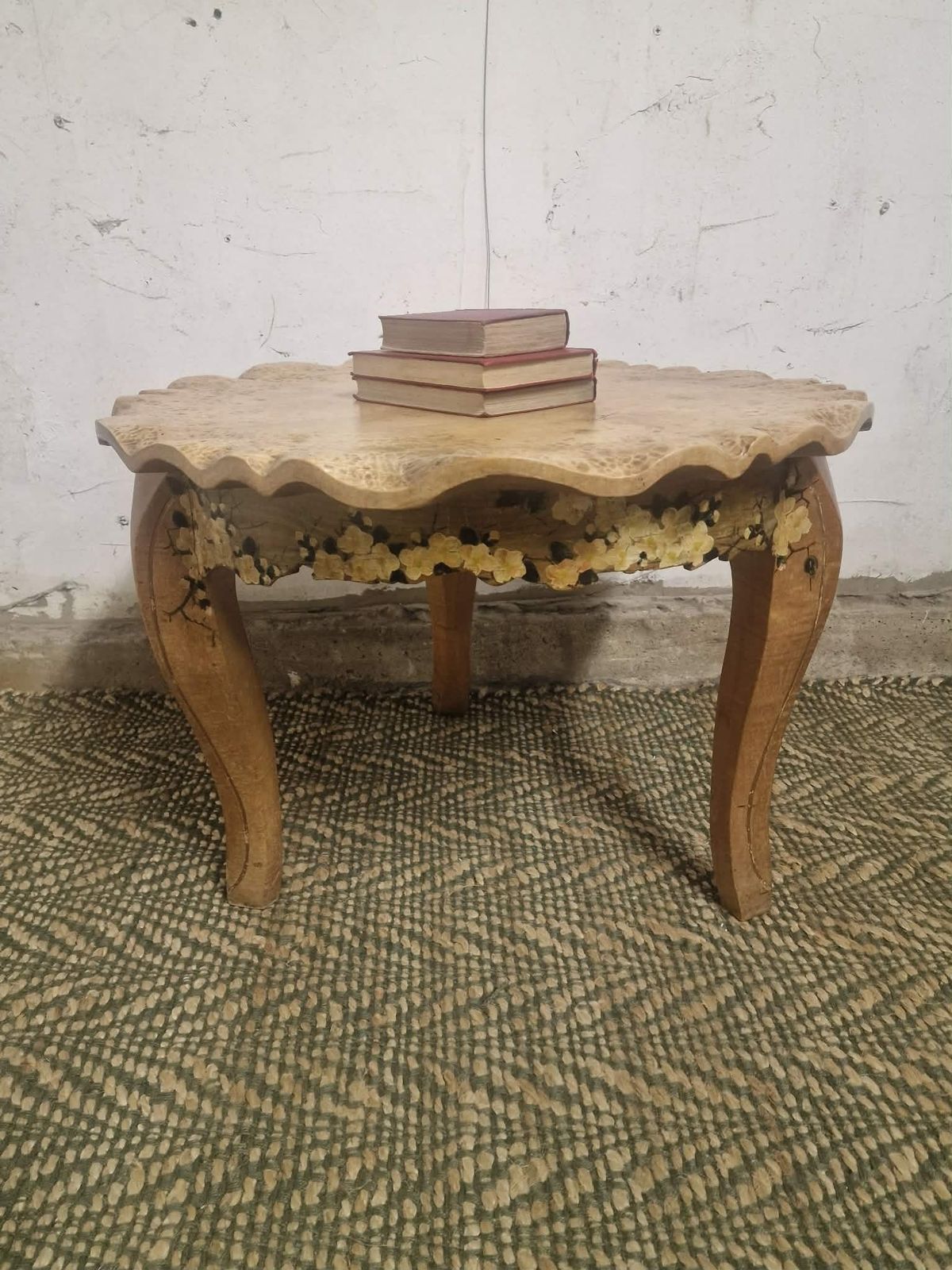 1930s Solid Hand Chiselled Burr Wood Occasional Table, Tortoiseshell Top, Painted Folk Art, Signed 1933 photo buy