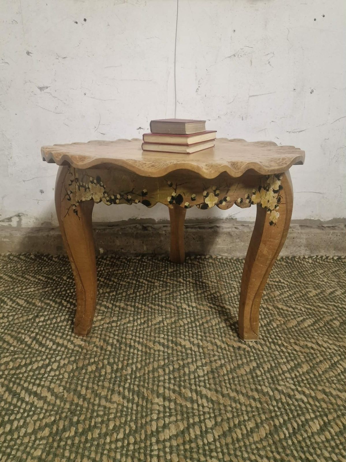 Furniture 1930s Solid Hand Chiselled Burr Wood Occasional Table, Tortoiseshell Top, Painted Folk Art, Signed 1933 photo