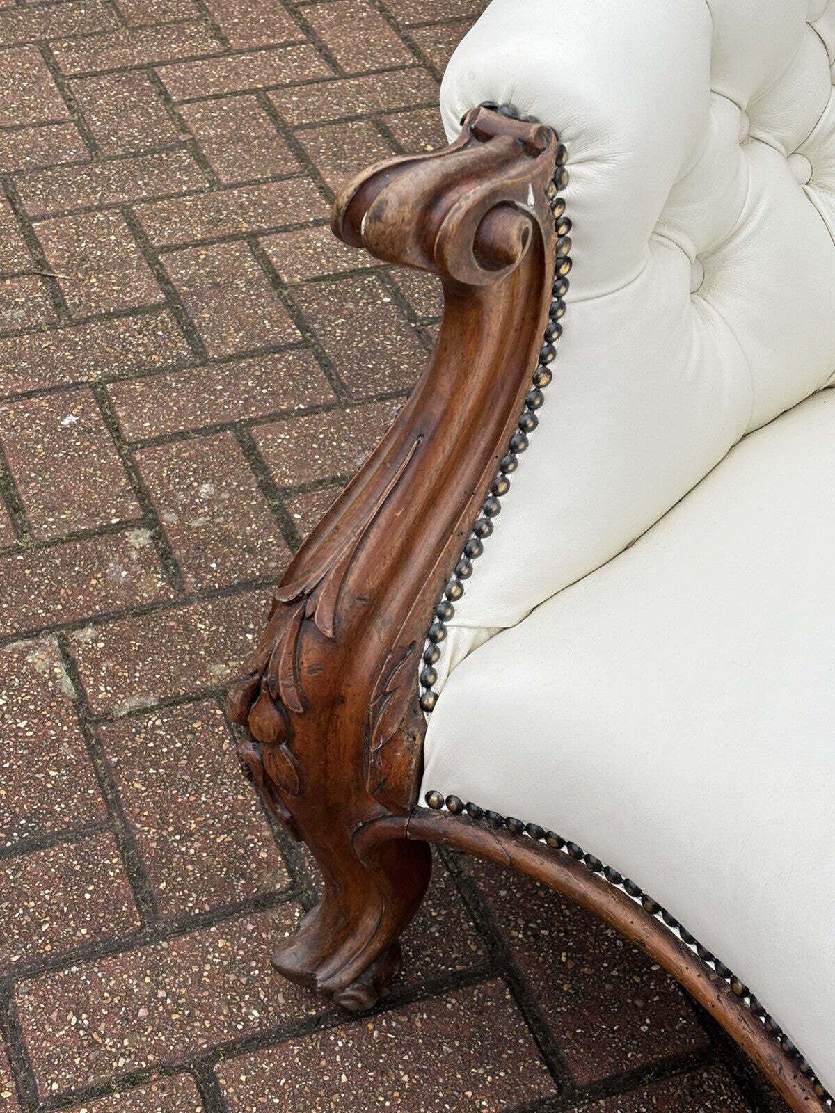 photo furniture Victorian Sofa In White Leather, Walnut Show Frame, Cabriole Legs.