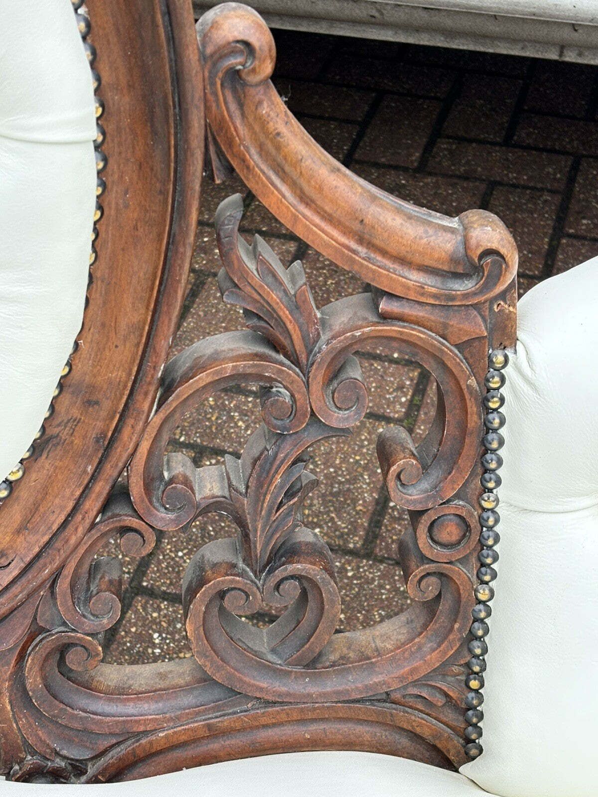 Furniture Victorian Sofa In White Leather, Walnut Show Frame, Cabriole Legs. photo