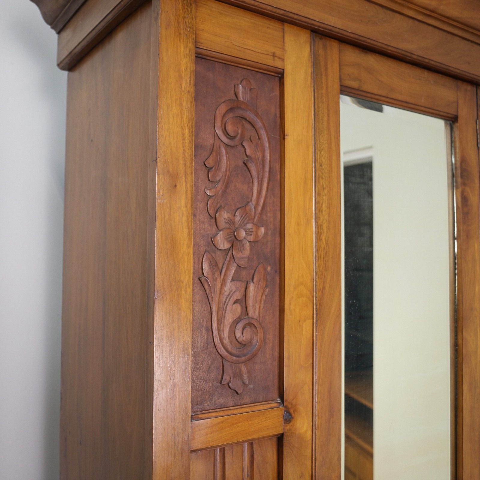 Edwardian Walnut And Carved Mahogany Wardrobe With Bevel Edged Mirrors & Drawer photo buy