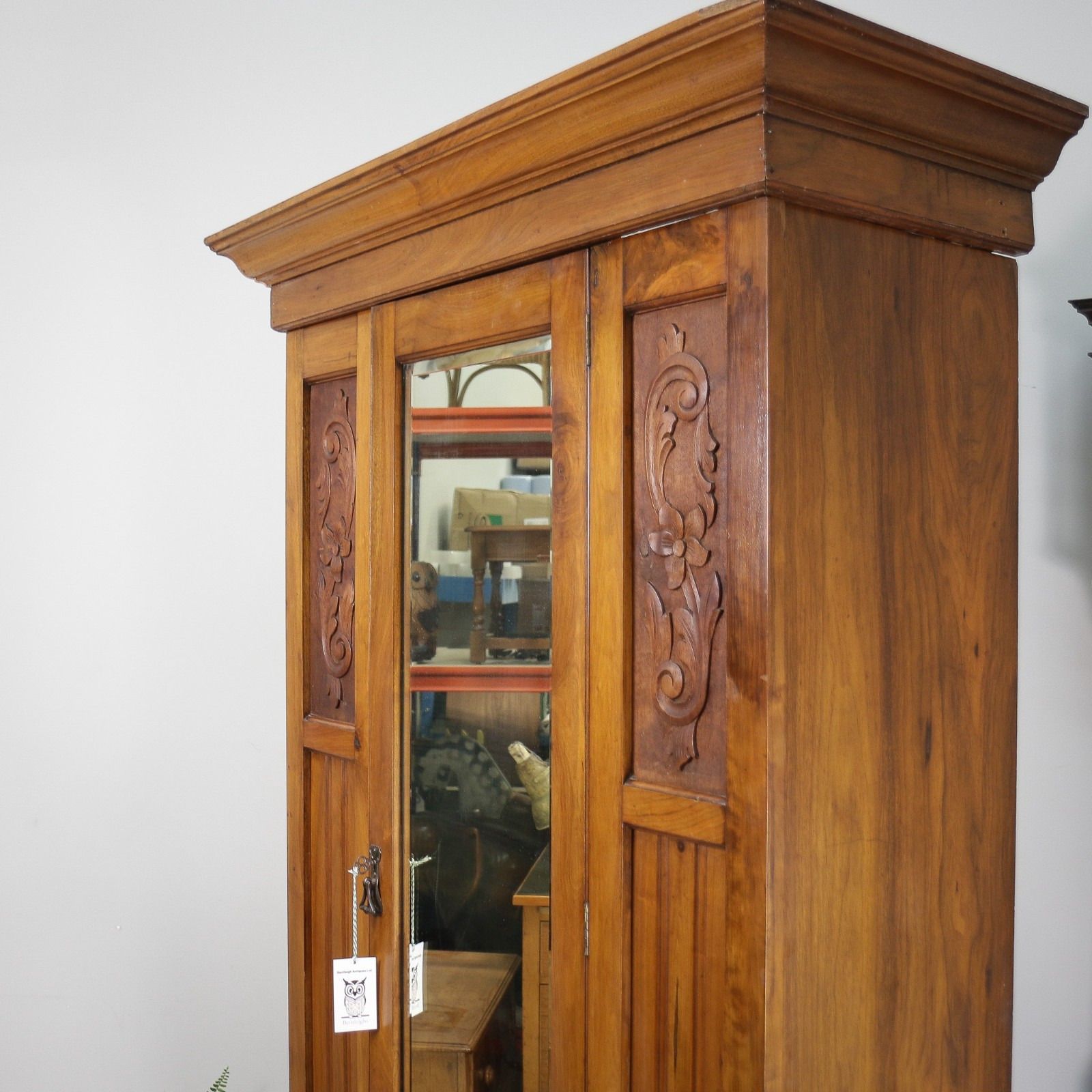 photo vinterior Edwardian Walnut And Carved Mahogany Wardrobe With Bevel Edged Mirrors & Drawer