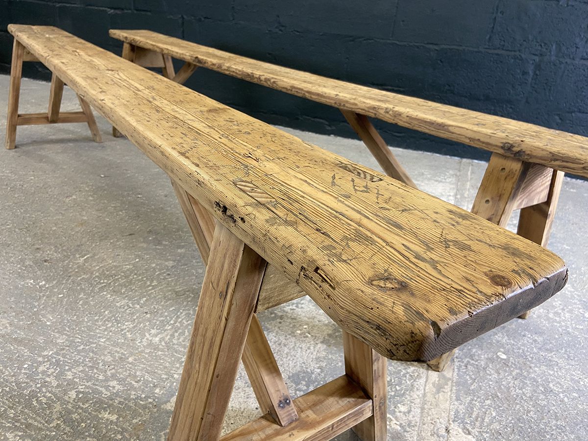 Pair Of Rustic French Pine Farmhouse Benches photo vinterior